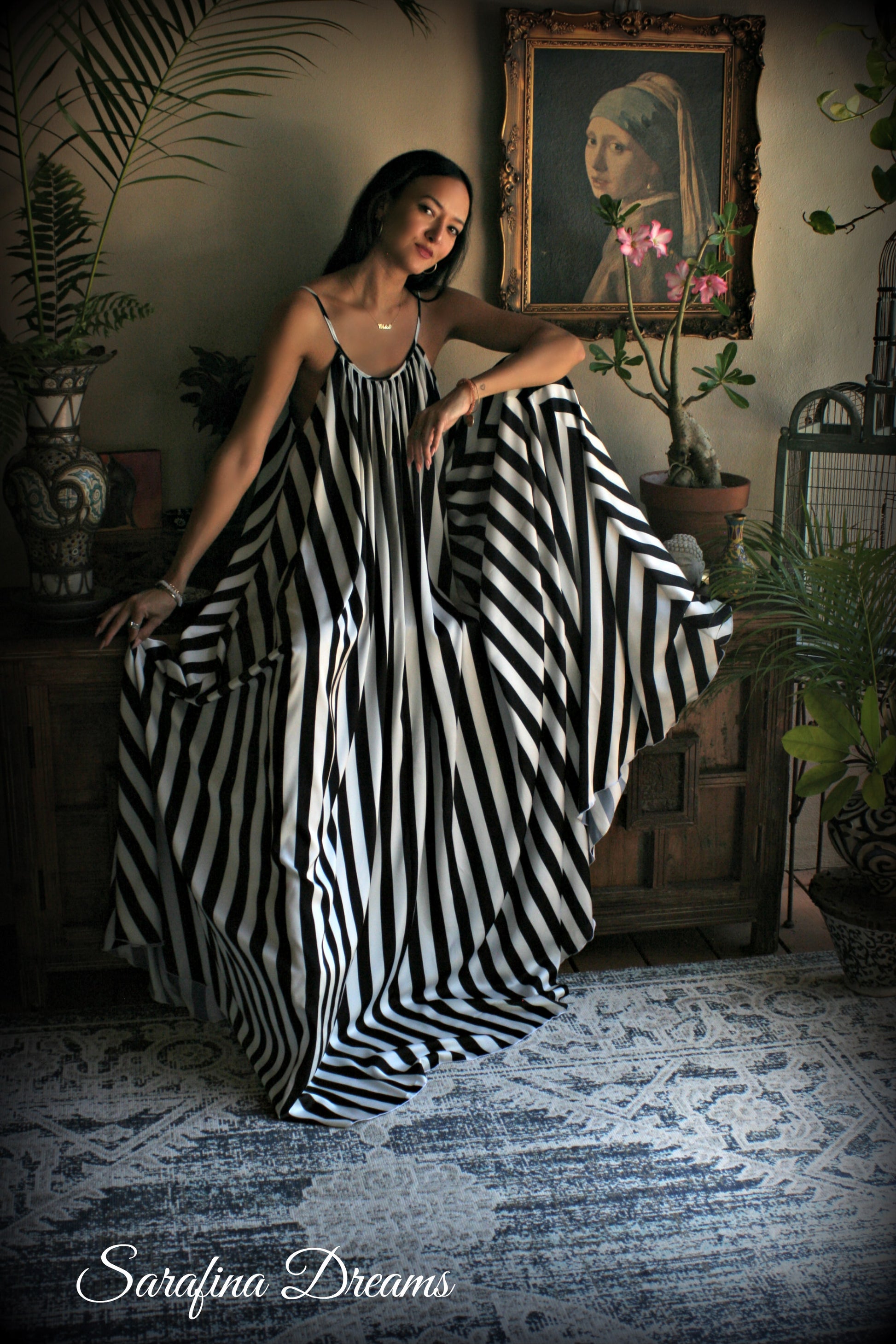 Black and white stripe satin Jane Austen style full swing nightgown