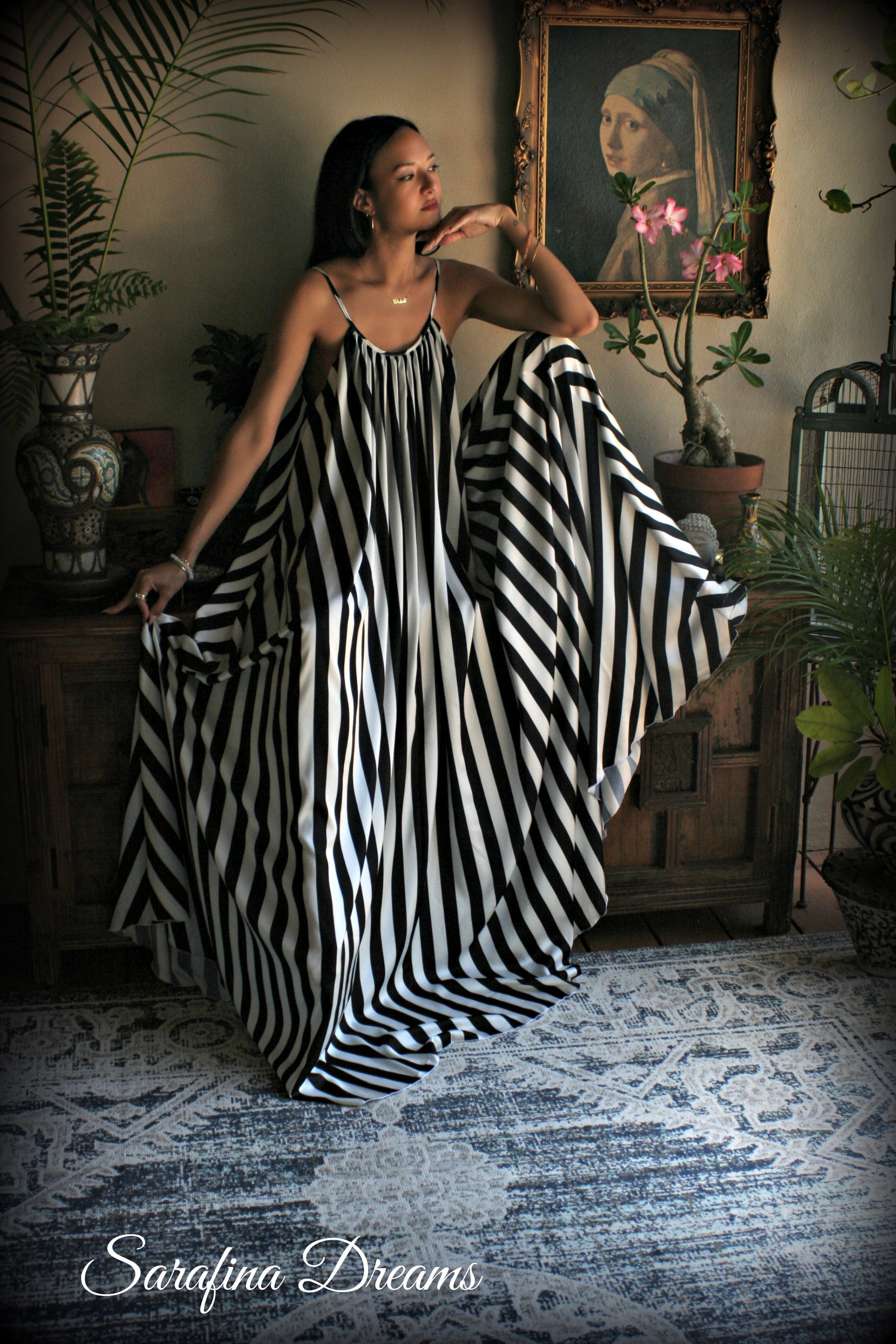 Black and white stripe satin Jane Austen style full swing nightgown