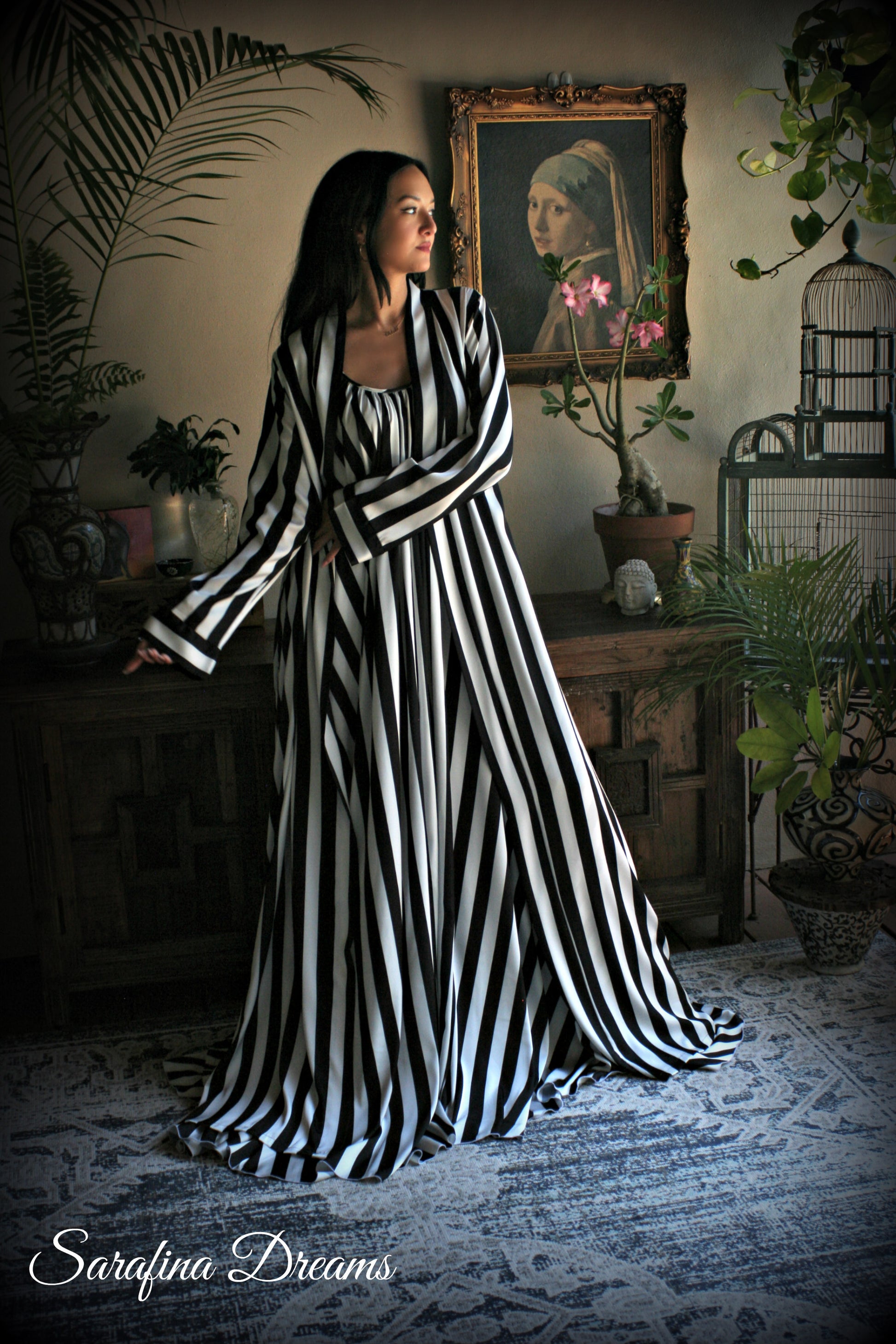 Black and white stripe satin wrap robe