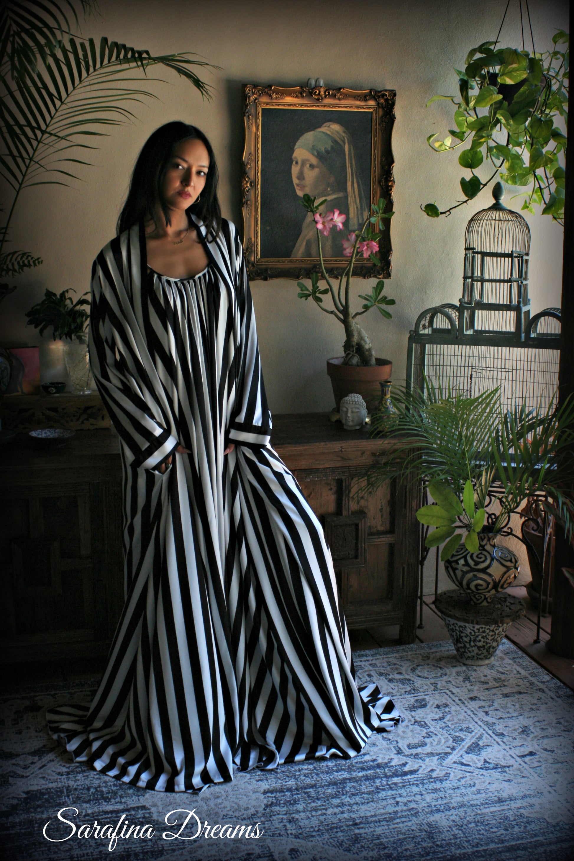 Black and white stripe satin wrap robe