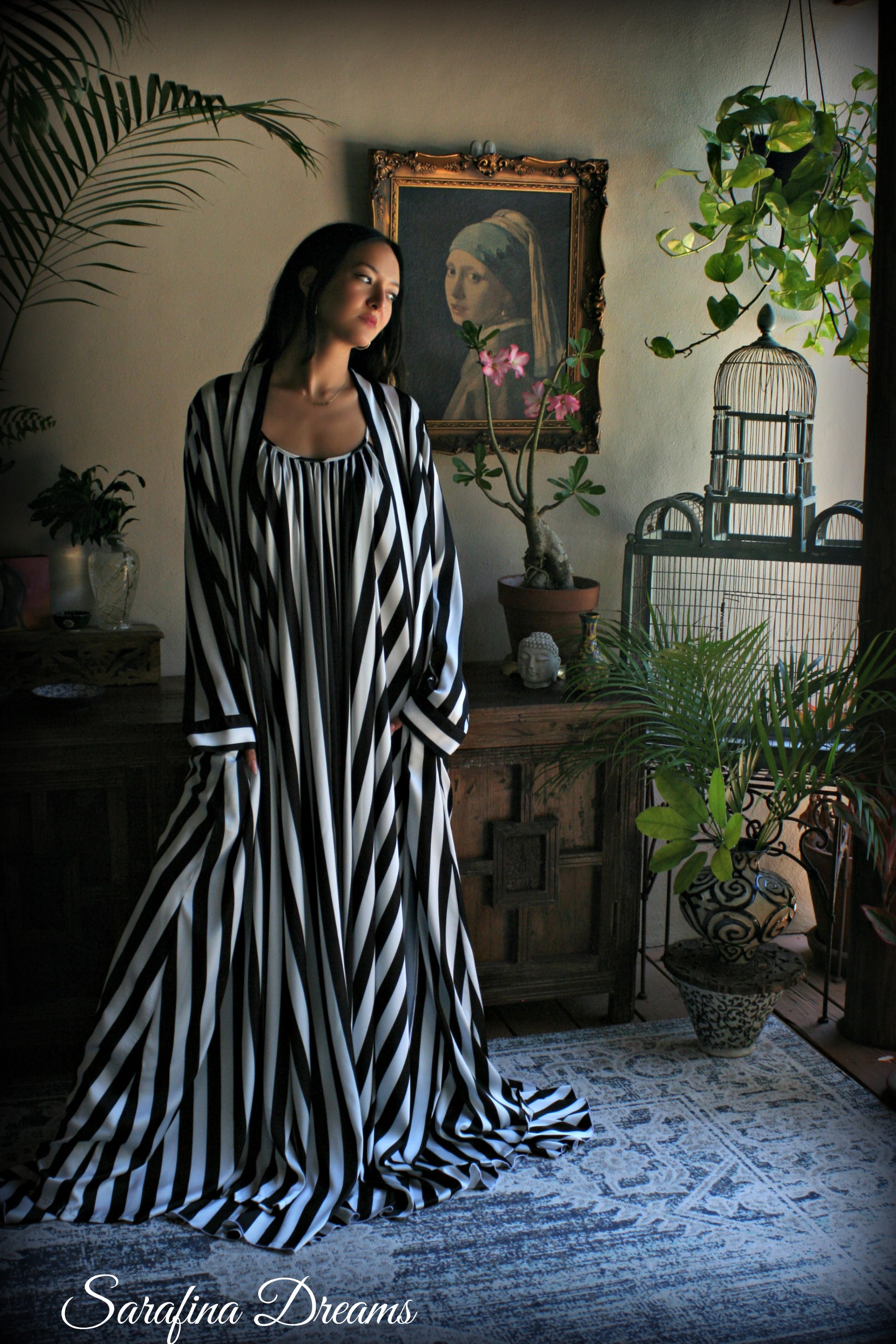 Black and white stripe satin wrap robe