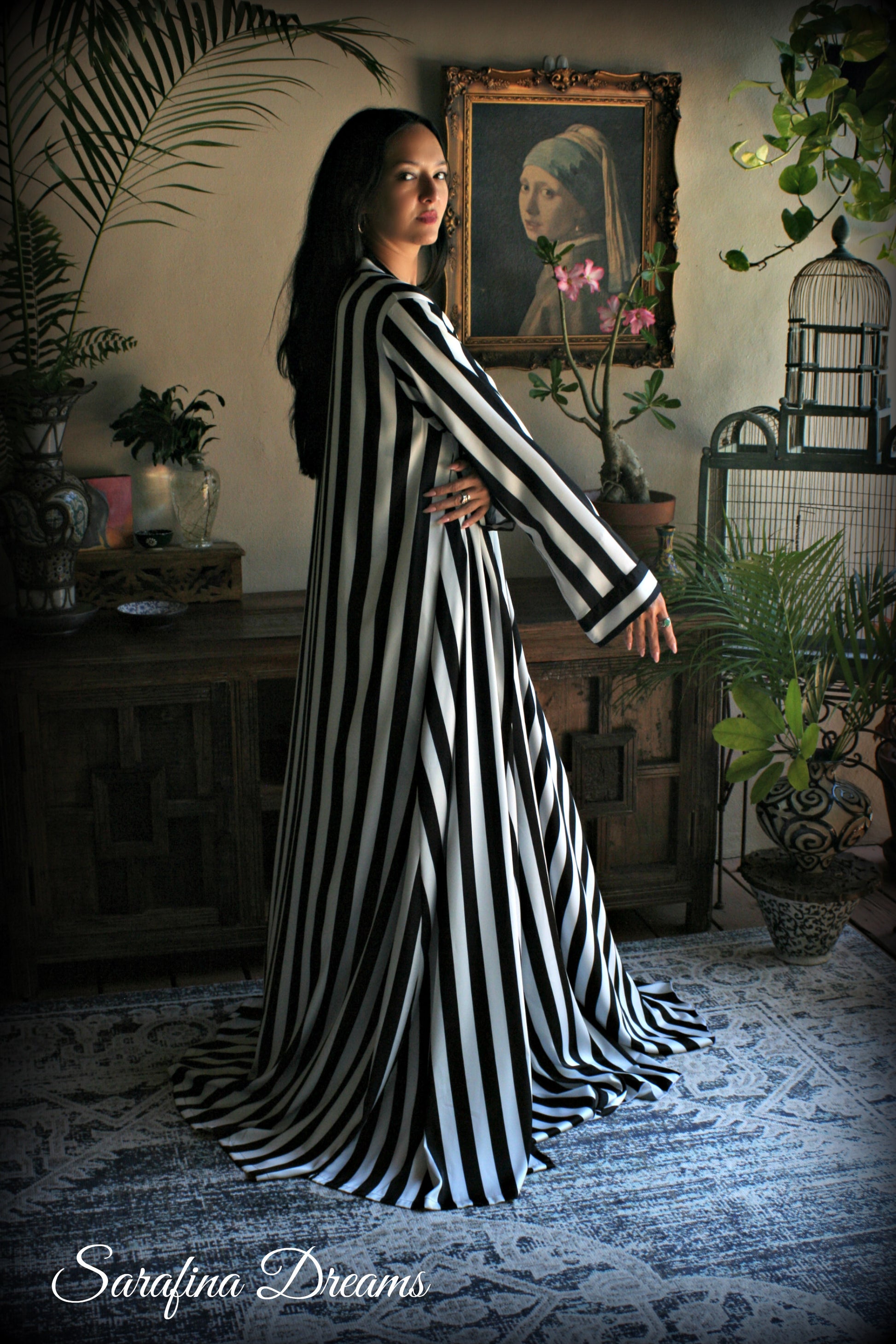 Black and white stripe satin wrap robe