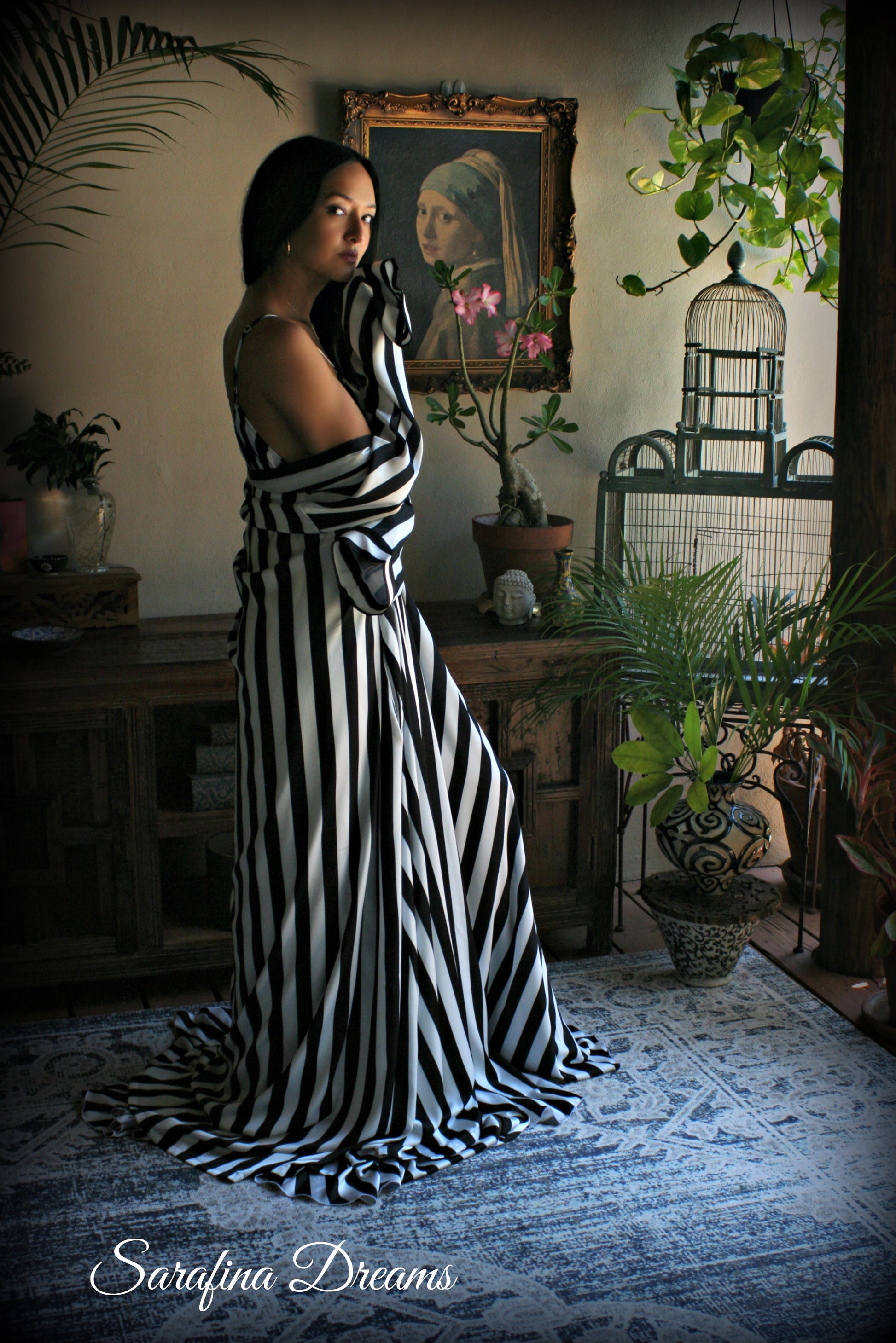 Black and white stripe satin wrap robe
