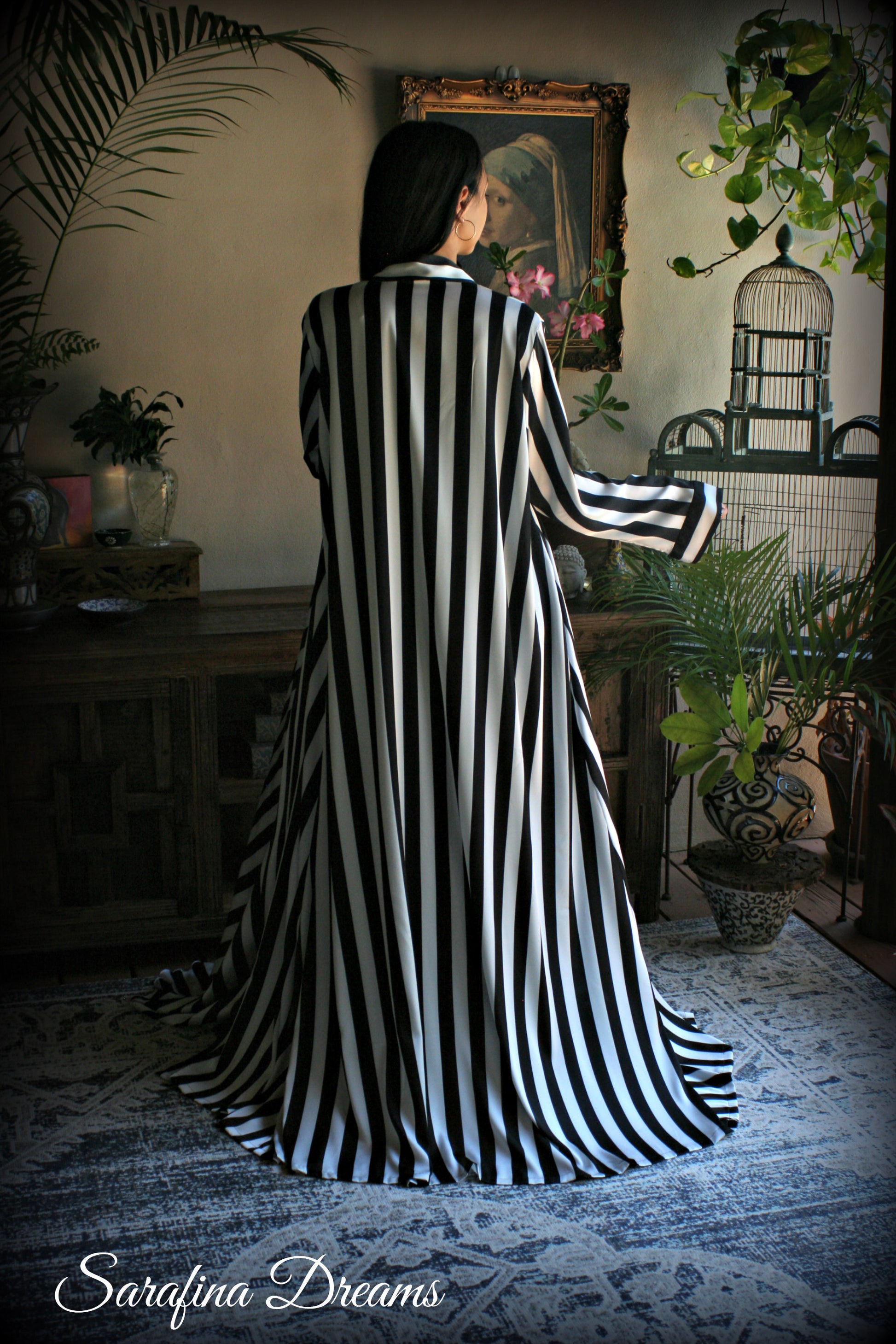 Black and white stripe satin wrap robe