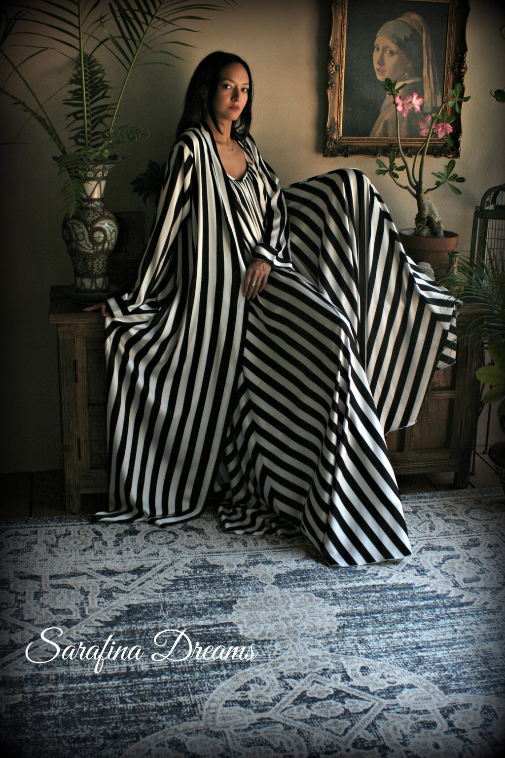 Black and white stripe satin wrap robe