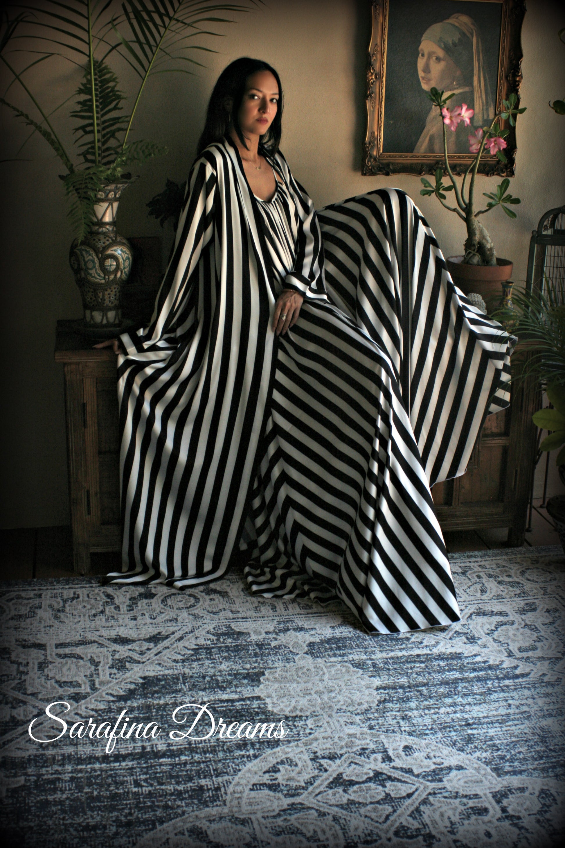 Black and white stripe satin wrap robe