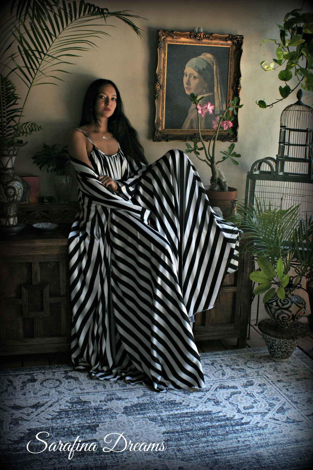 Black and white stripe satin wrap robe