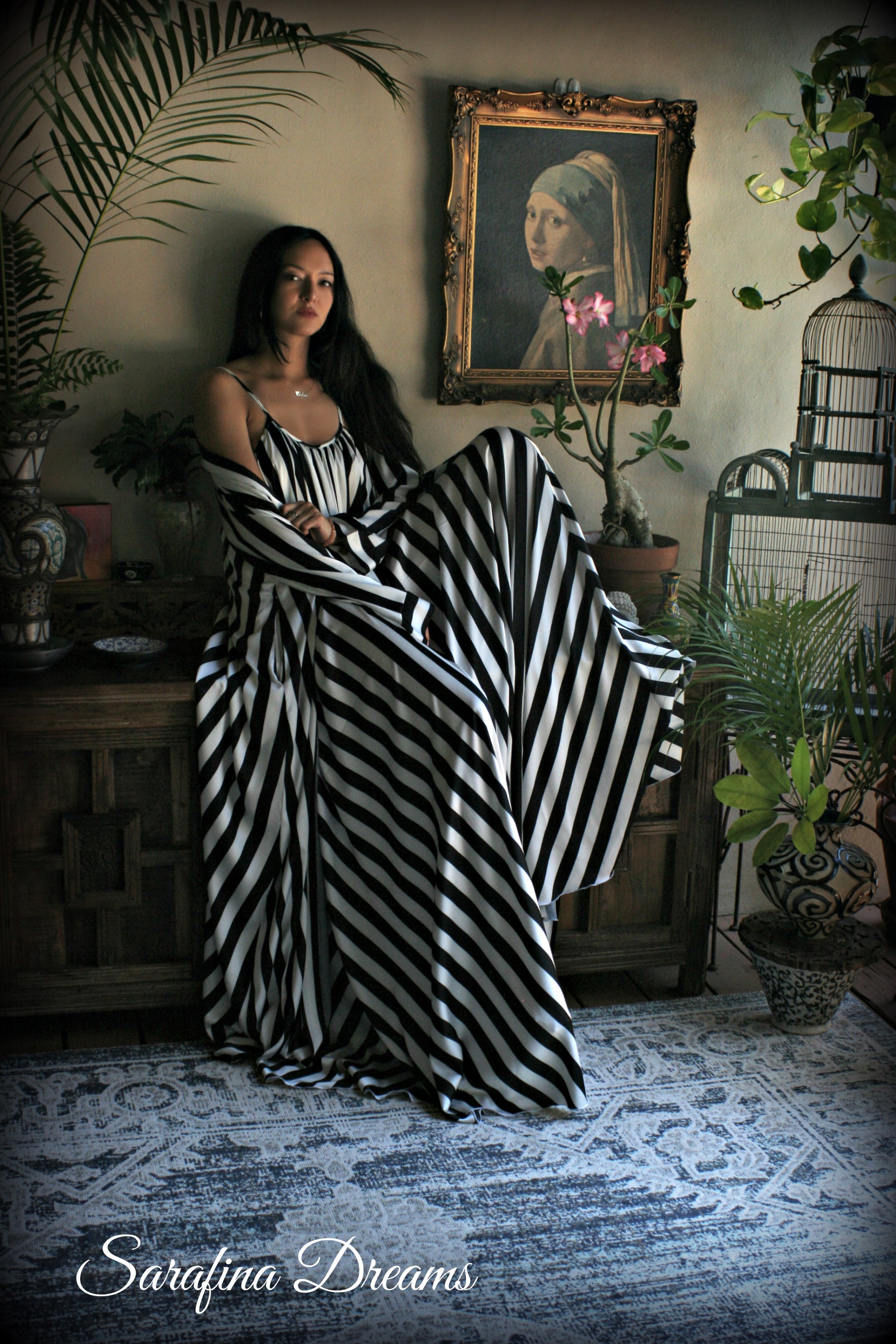 Black and white stripe satin wrap robe
