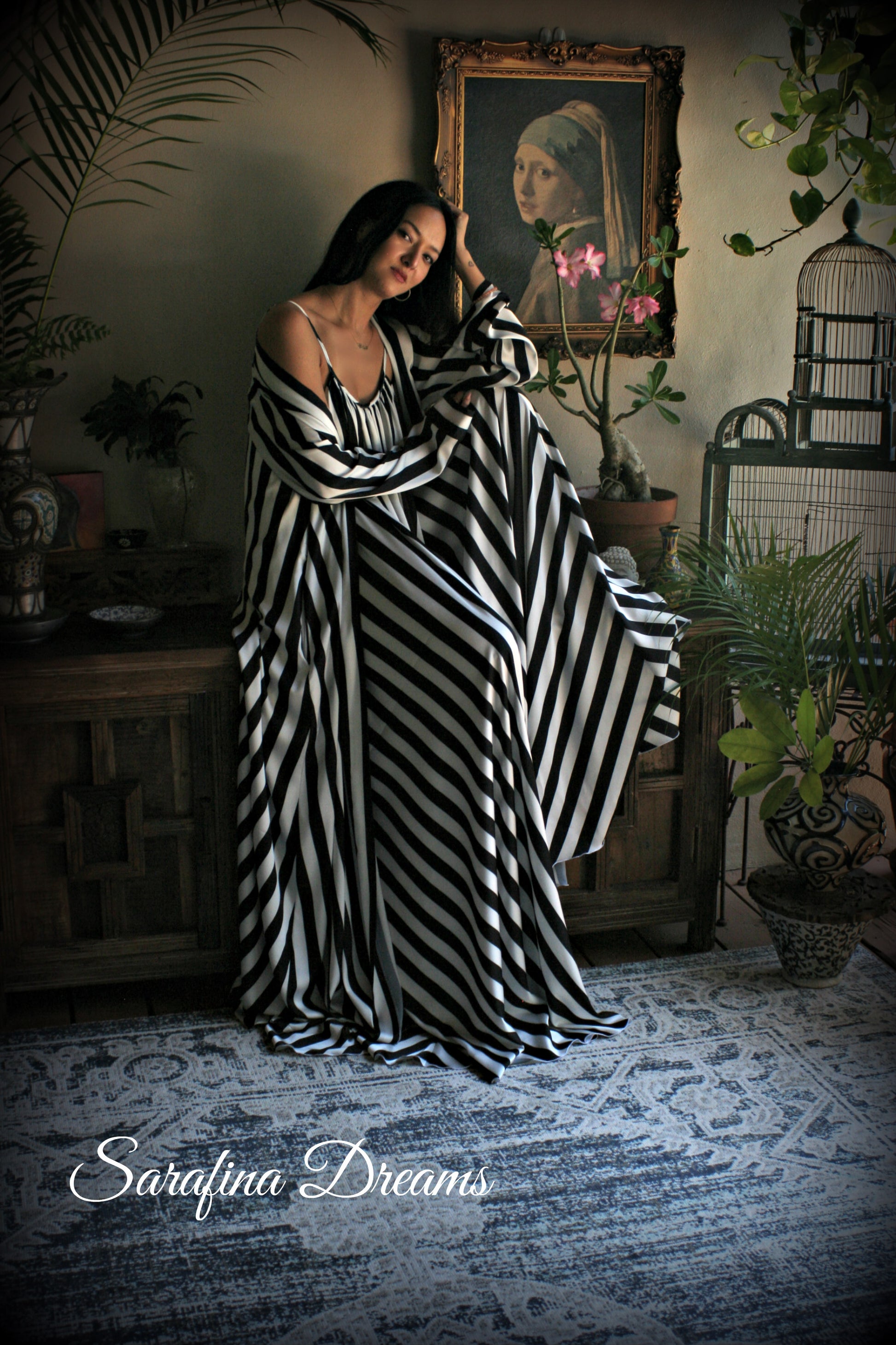 Black and white stripe satin Jane Austen style full swing nightgown