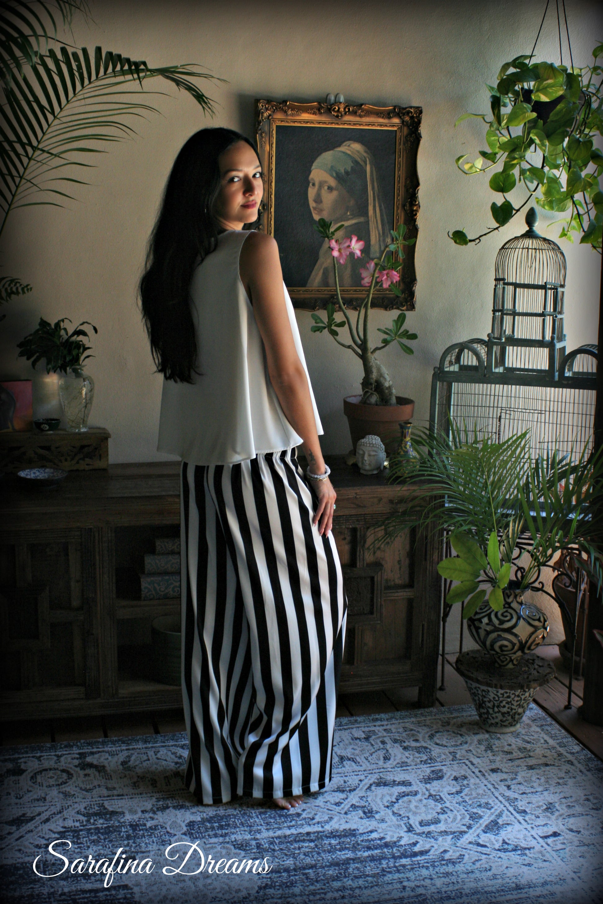Black and white stripe satin pajama tank and wide leg pant