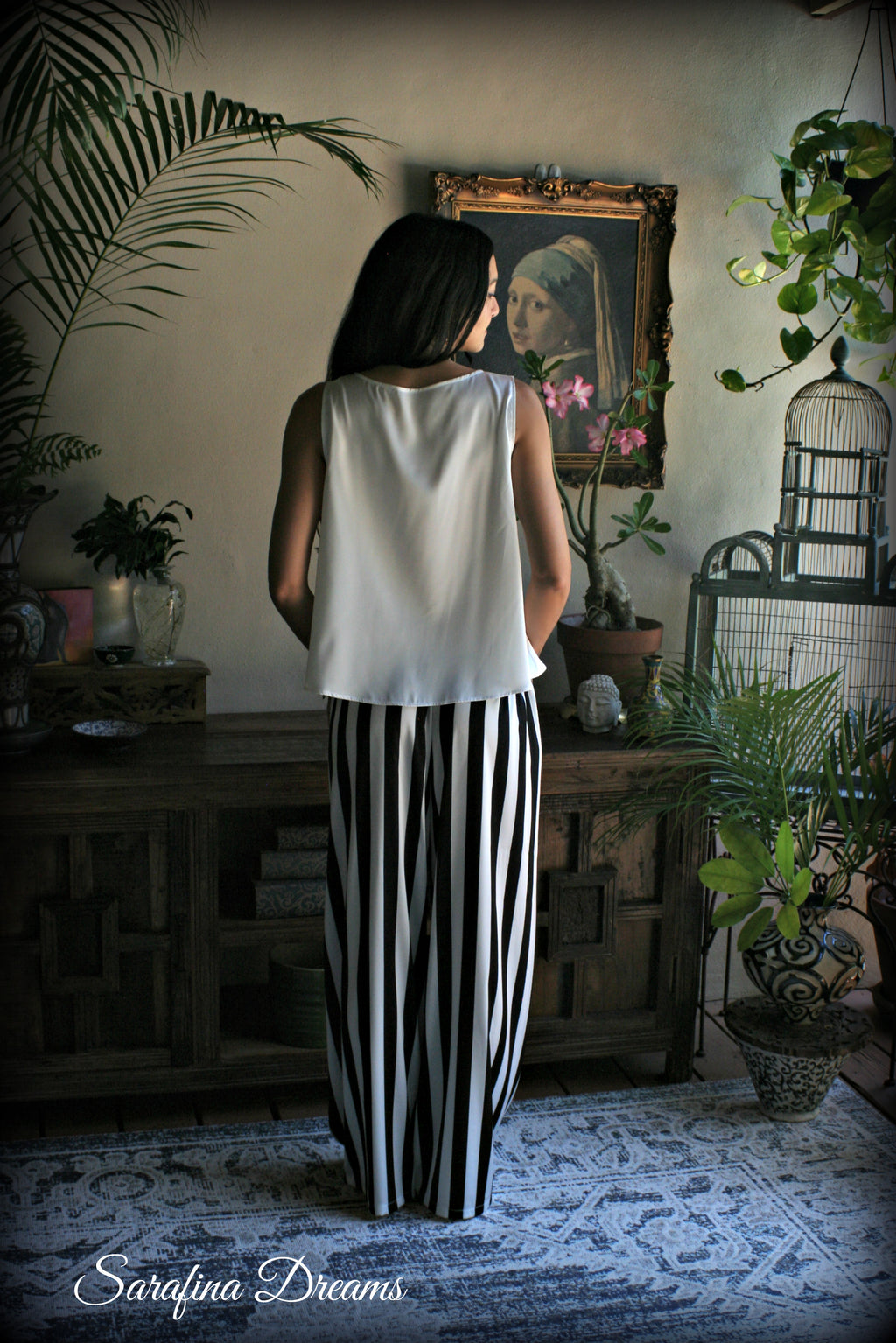 Black and white stripe satin pajama tank and wide leg pant