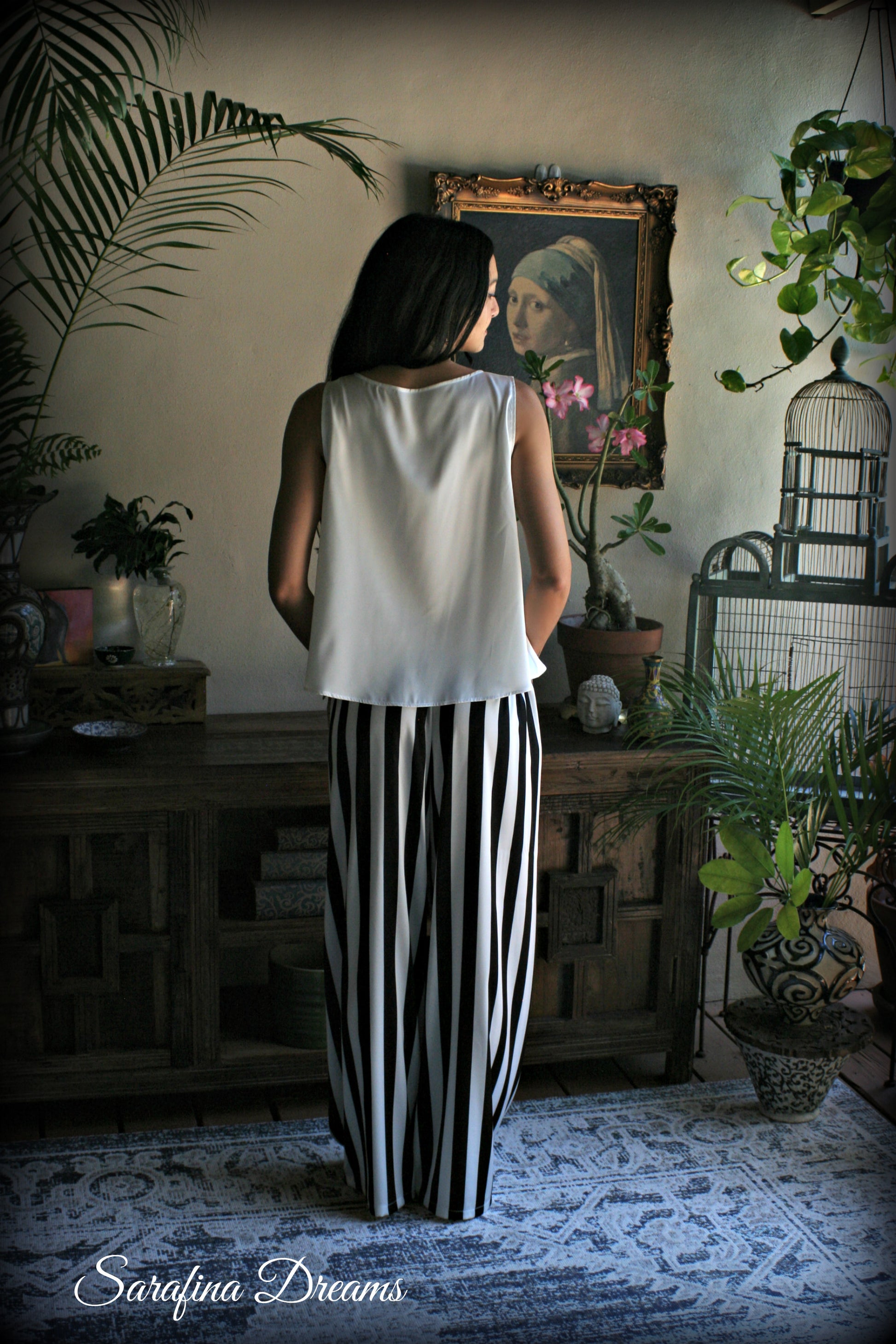 Black and white stripe satin pajama tank and wide leg pant