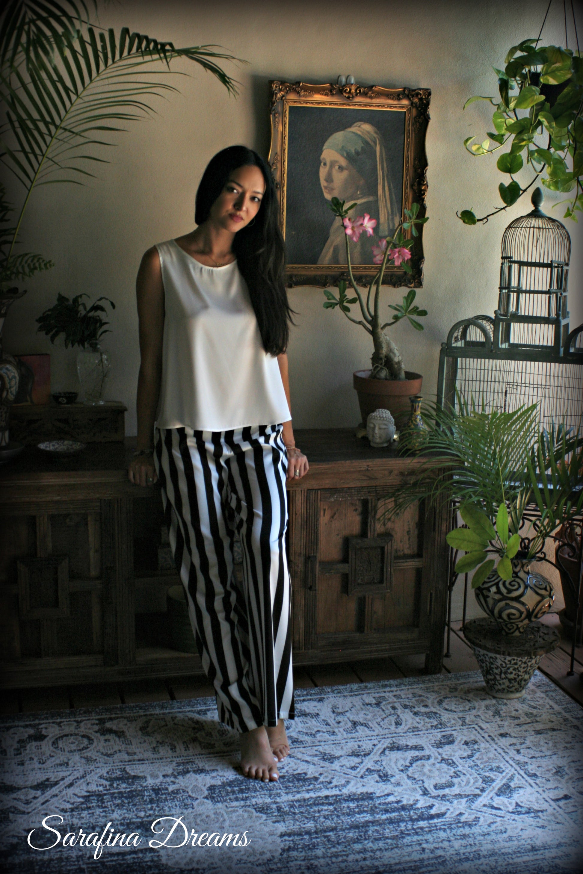 Black and white stripe satin pajama tank and wide leg pant