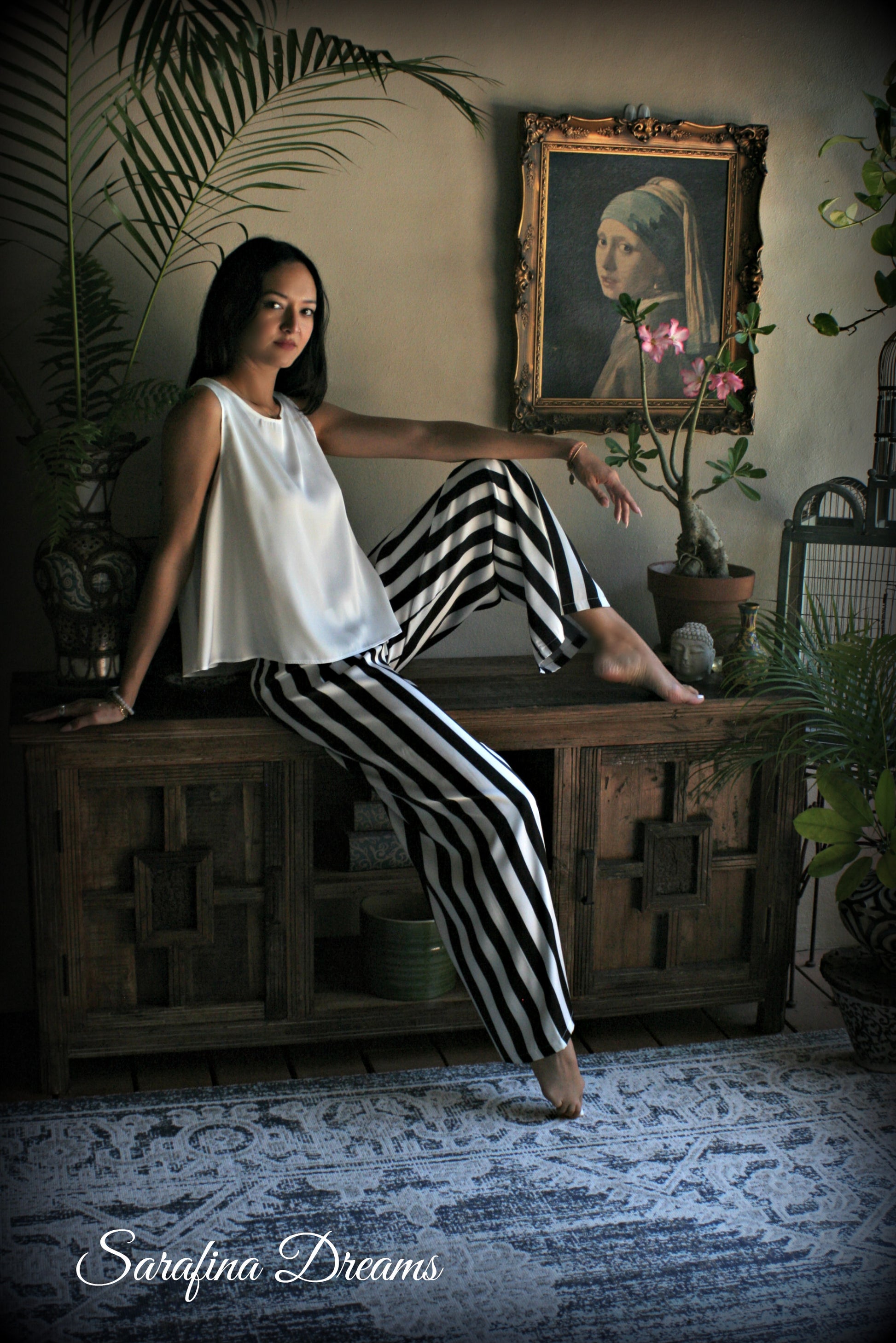 Black and white stripe satin pajama tank and wide leg pant