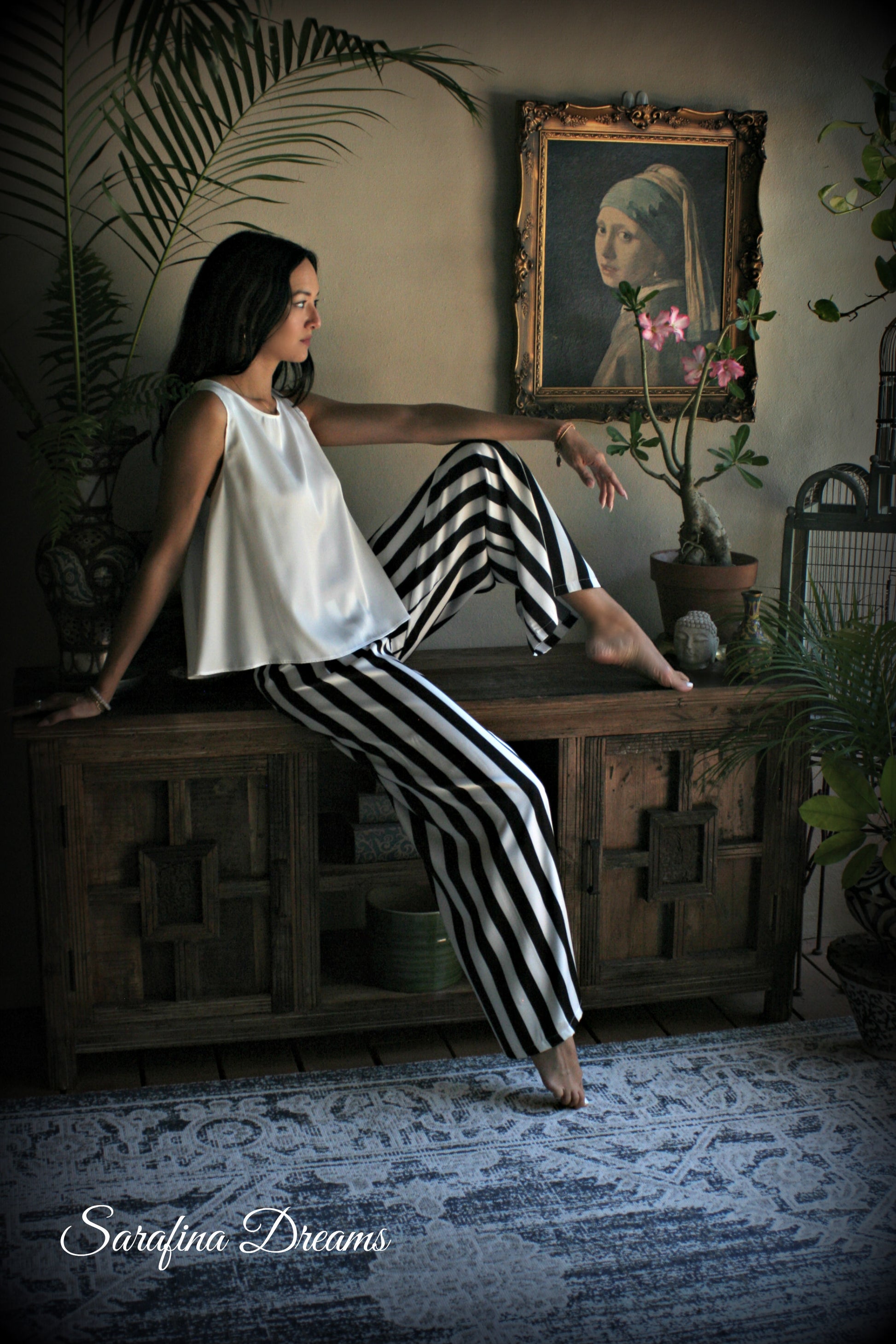 Black and white stripe satin pajama tank and wide leg pant