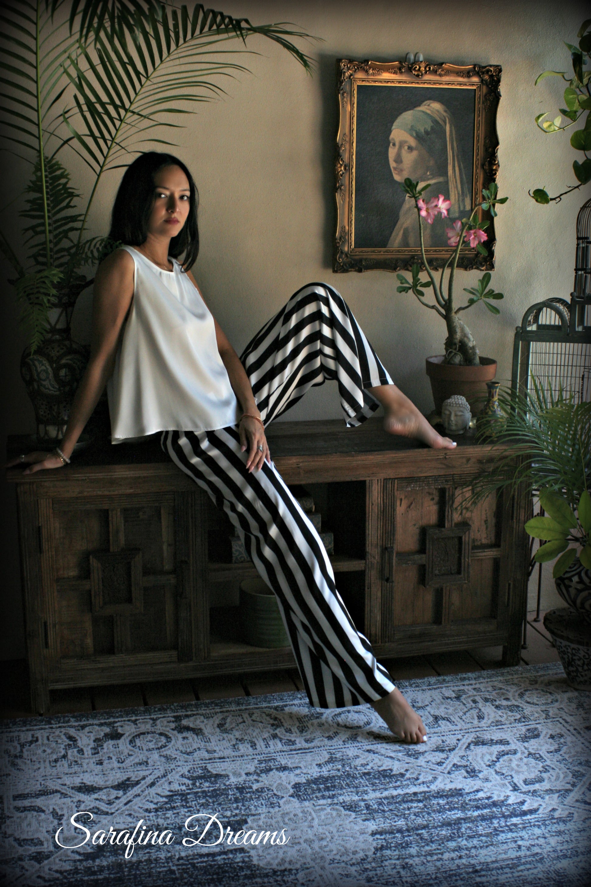 Black and white stripe satin pajama tank and wide leg pant