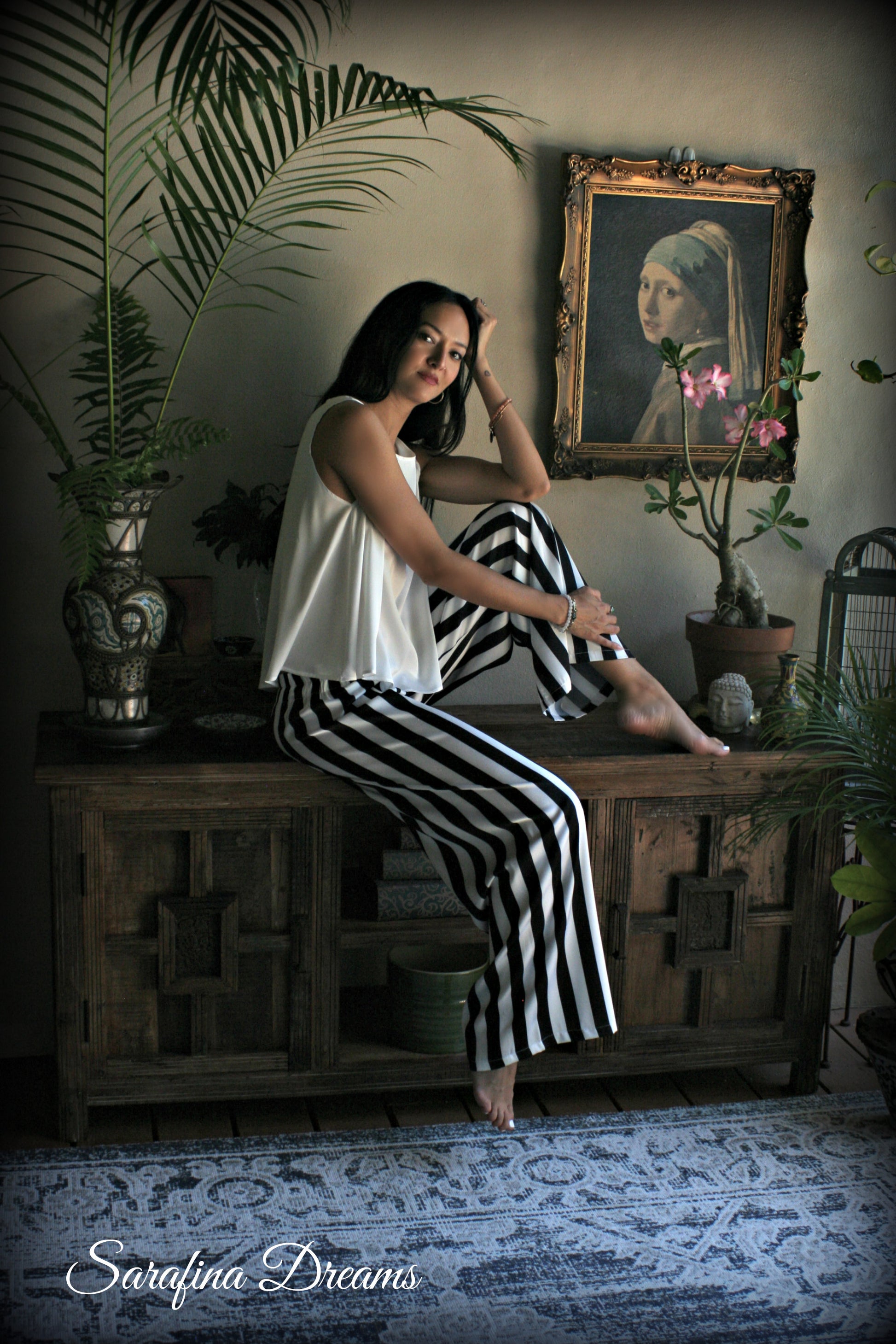Black and white stripe satin pajama tank and wide leg pant