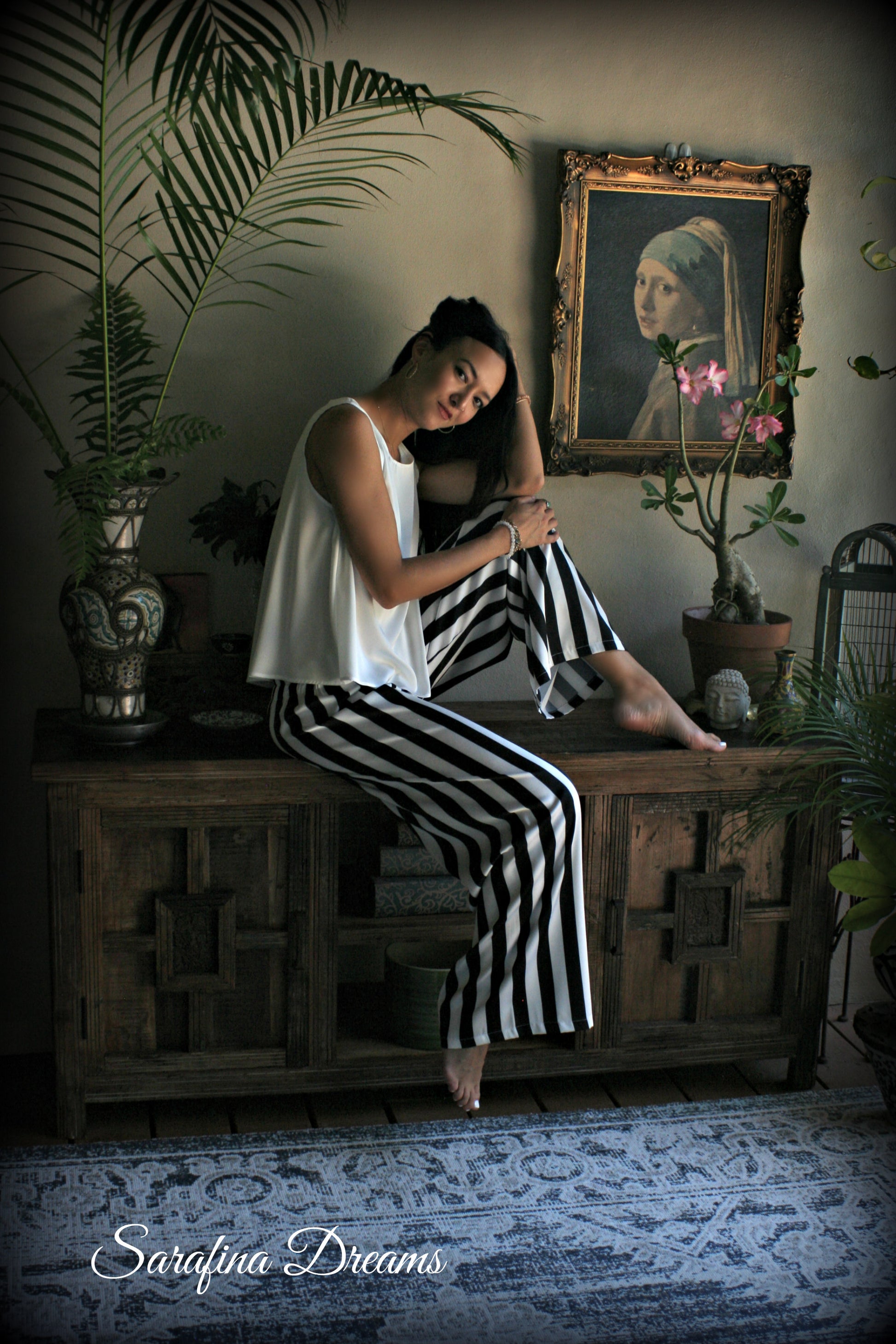 Black and white stripe satin pajama tank and wide leg pant