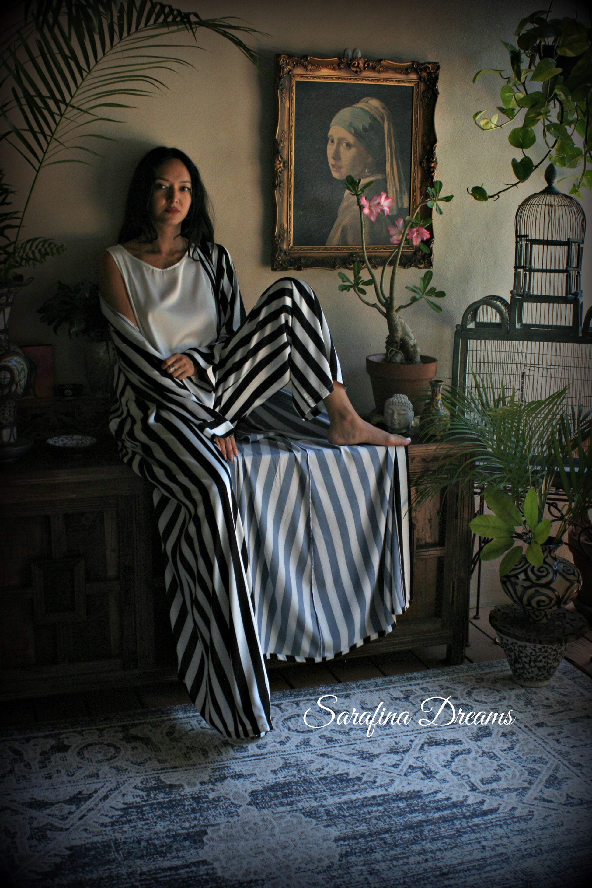 Black and white stripe satin pajama tank and wide leg pant