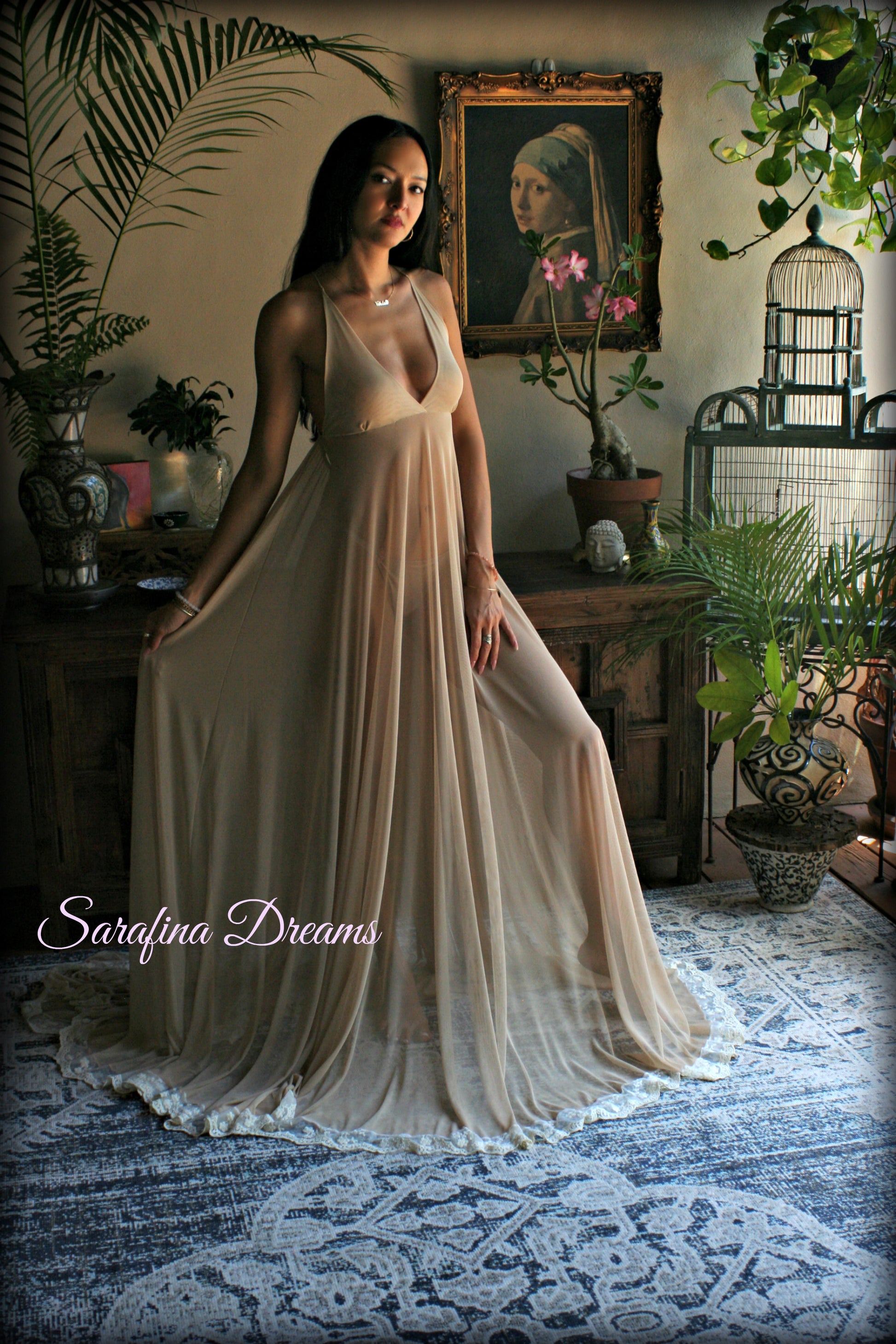 Bridal Nude Mesh Backless Nightgown With Train