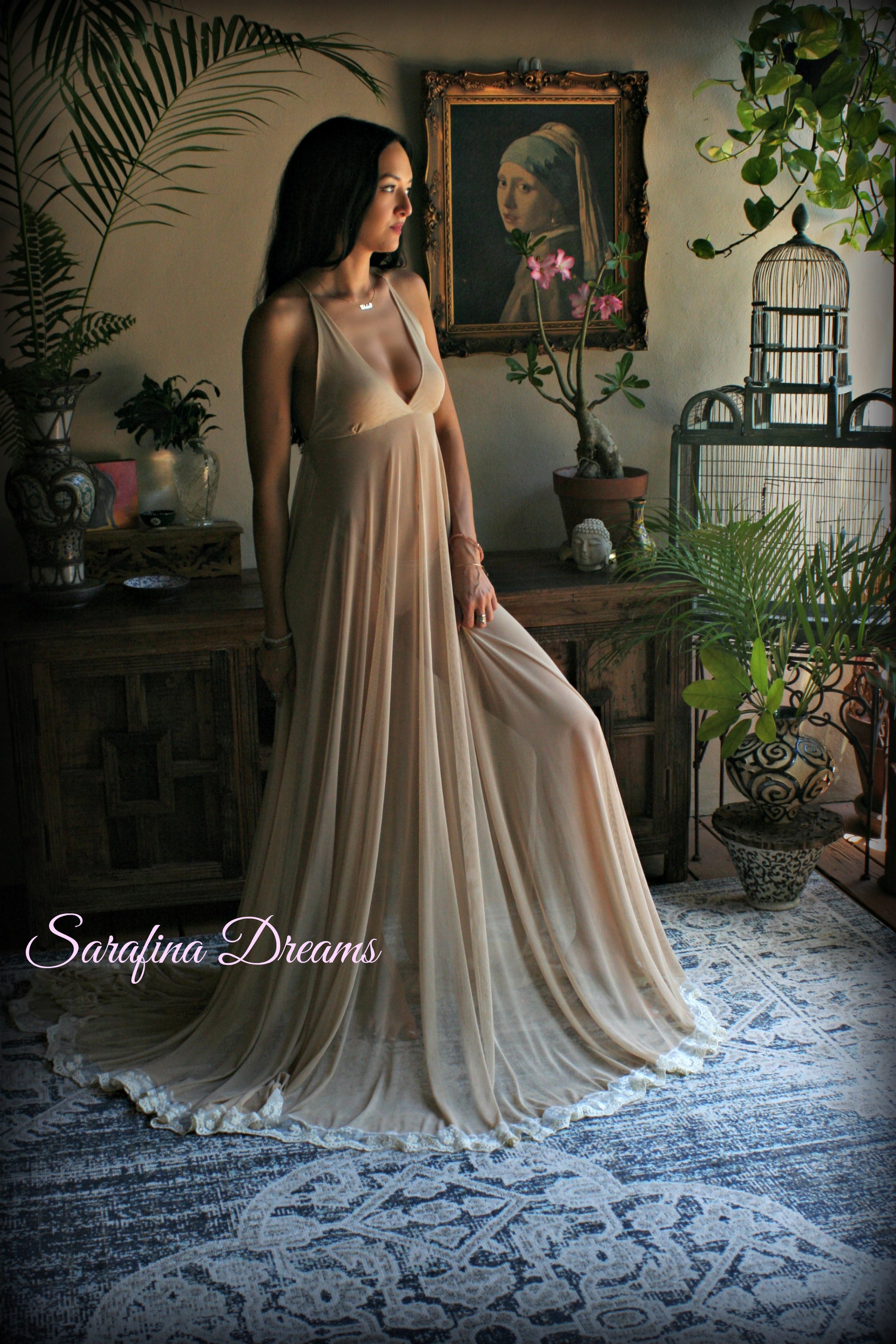 Bridal Nude Mesh Backless Nightgown With Train