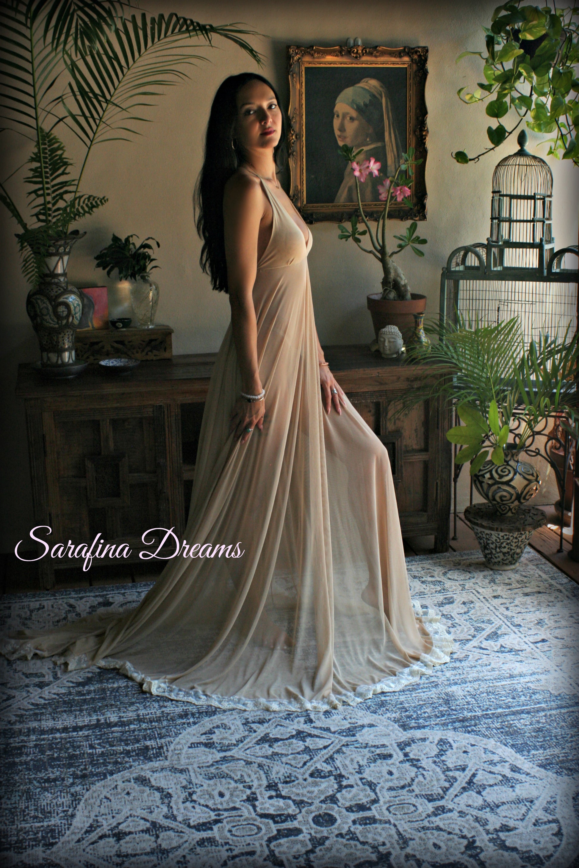 Bridal Nude Mesh Backless Nightgown With Train
