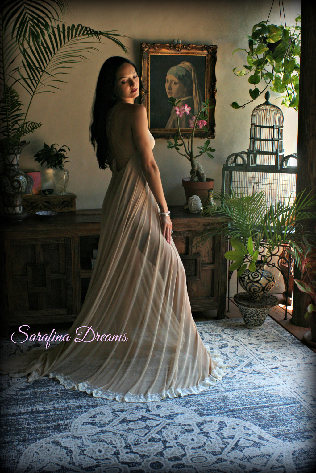 Bridal Nude Mesh Backless Nightgown With Train