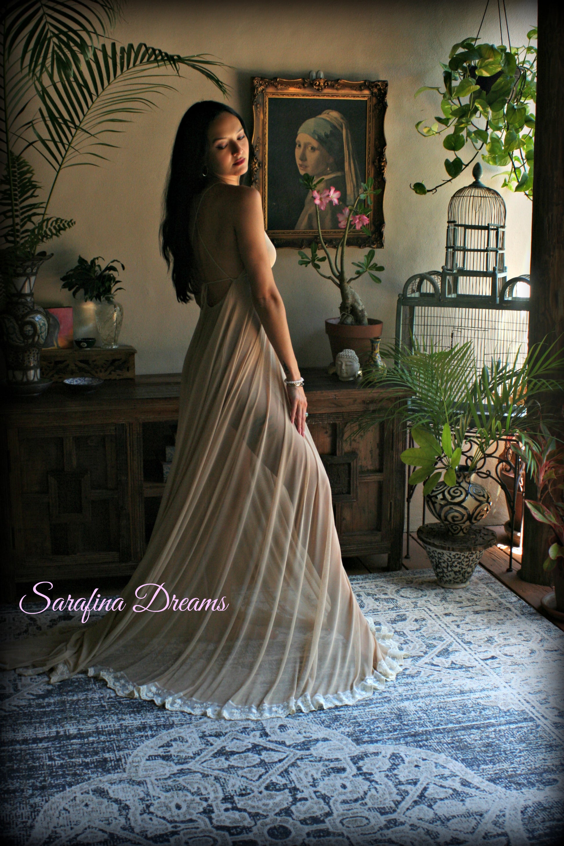 Bridal Nude Mesh Backless Nightgown With Train