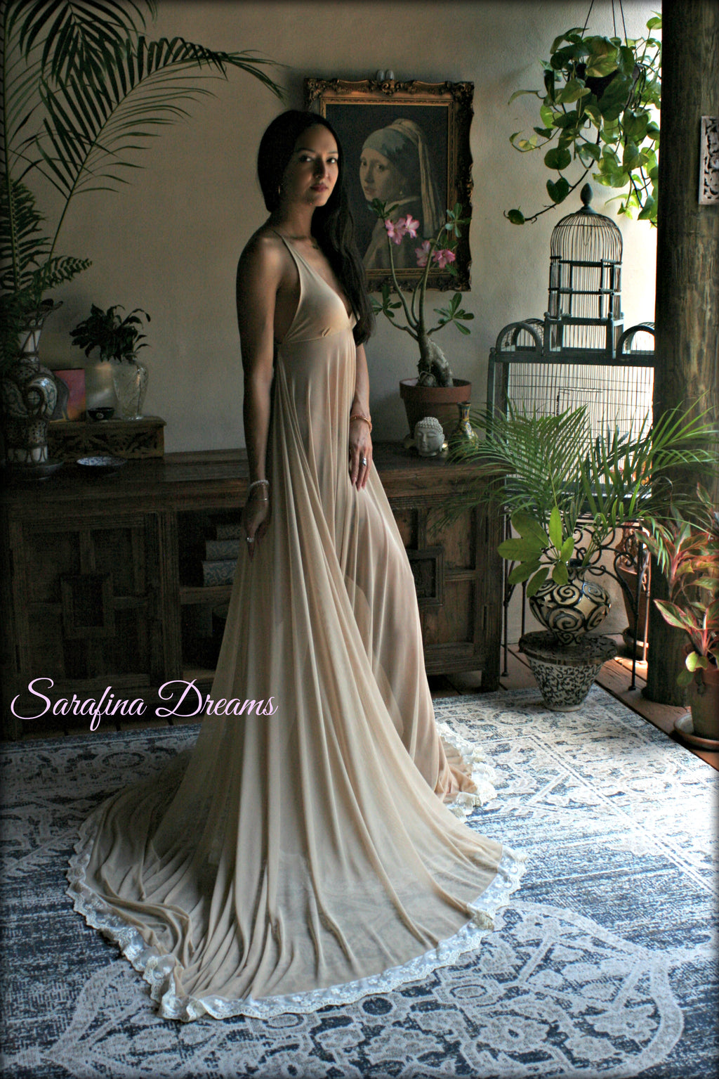 Bridal Nude Mesh Backless Nightgown With Train