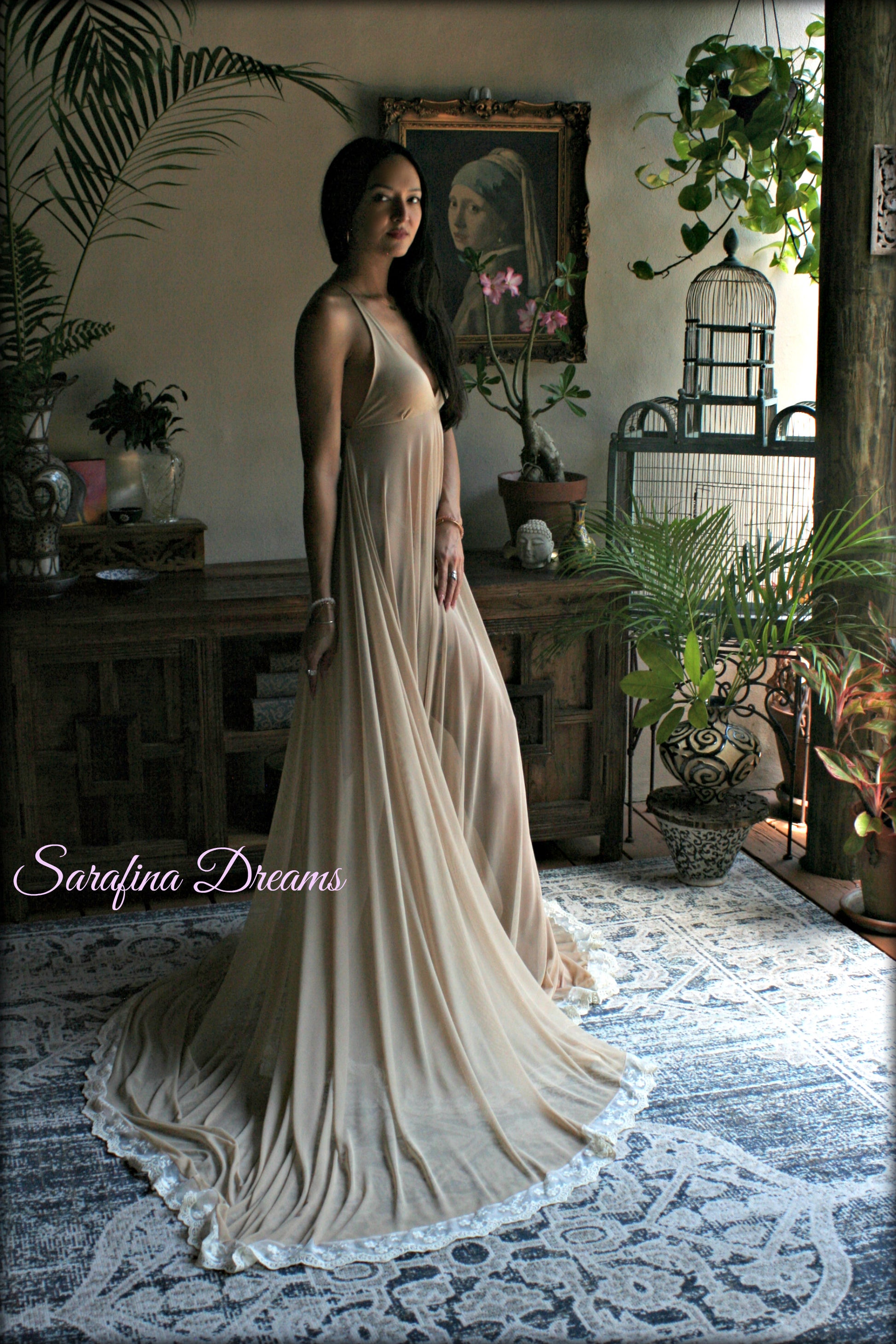 Bridal Nude Mesh Backless Nightgown With Train