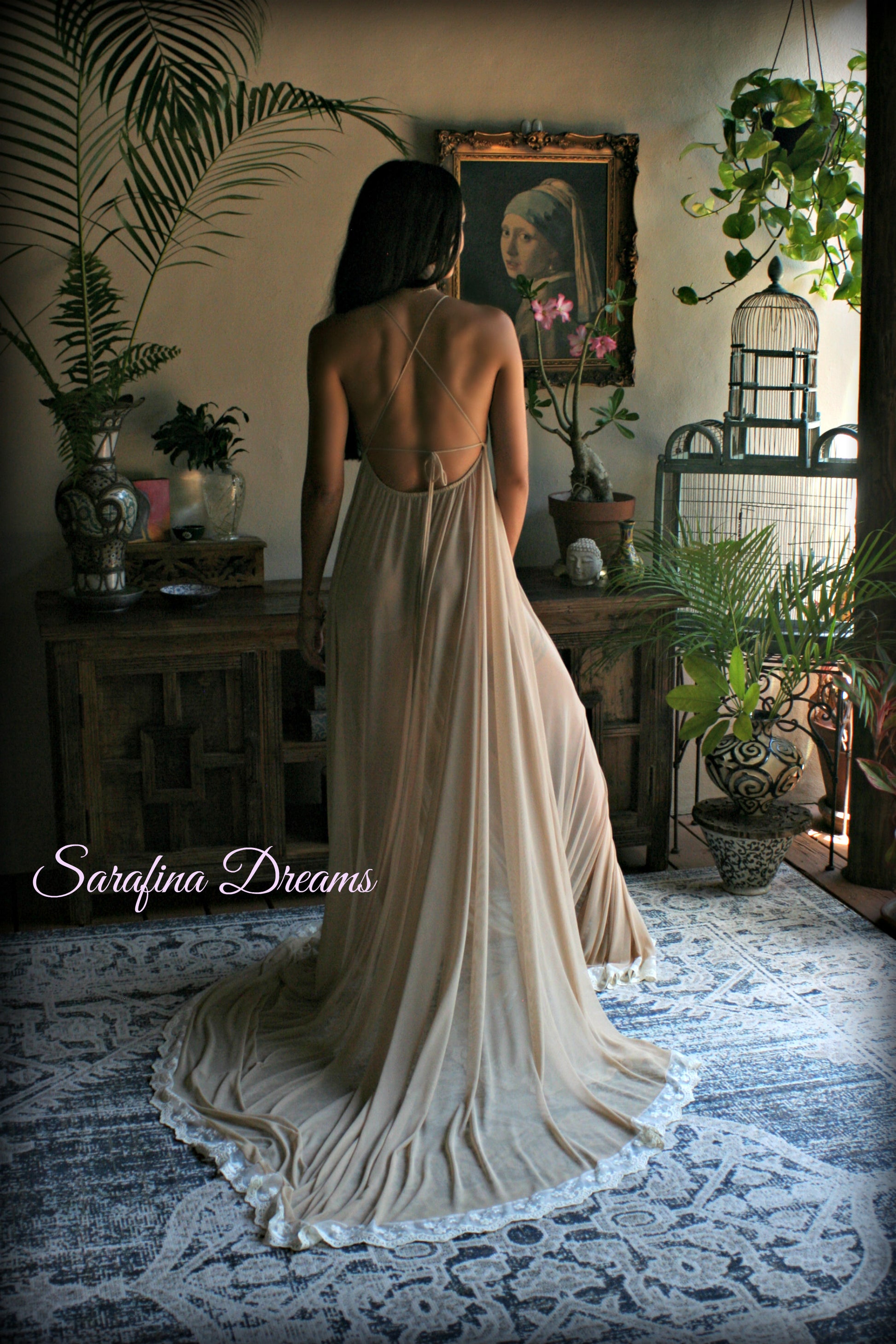 Bridal Nude Mesh Backless Nightgown With Train