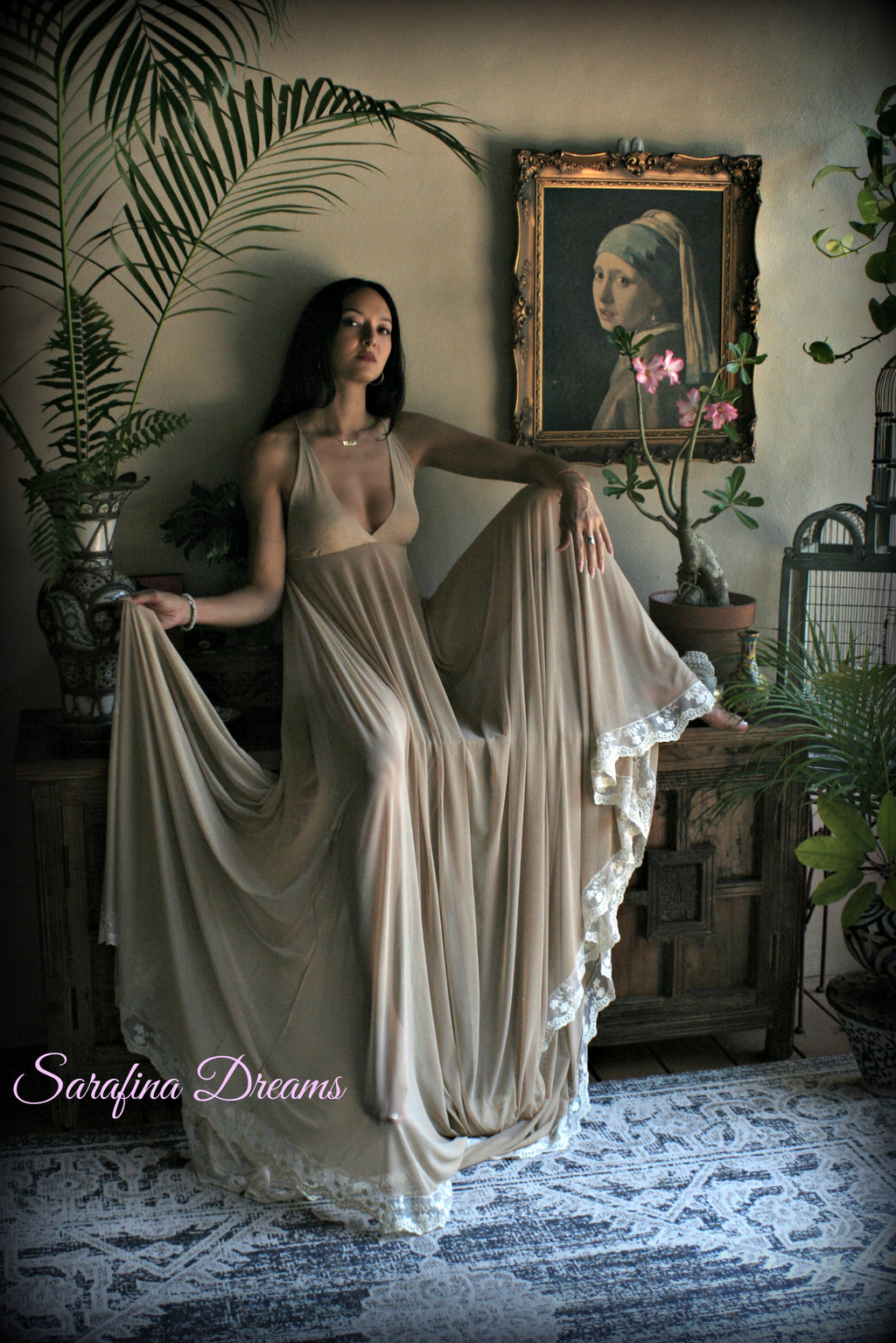 Bridal Nude Mesh Backless Nightgown With Train