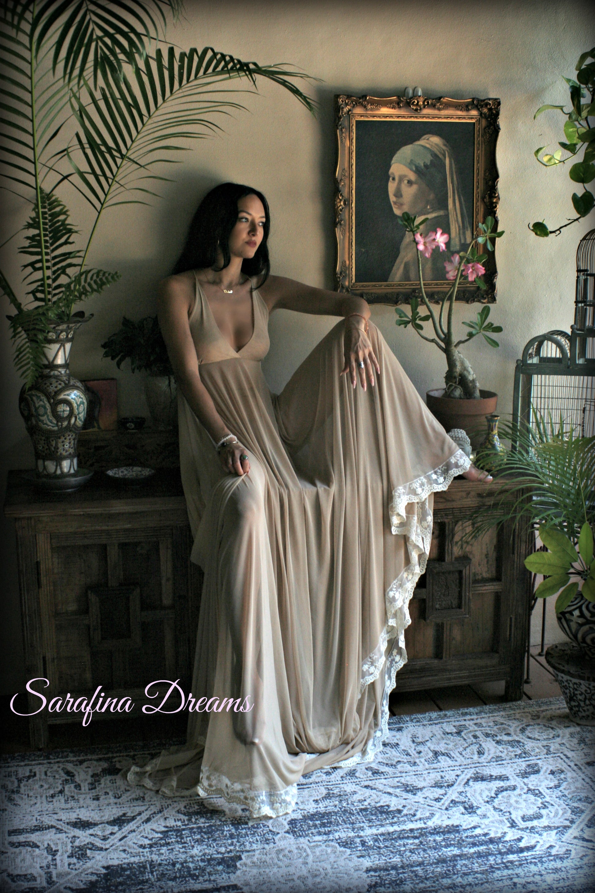 Bridal Nude Mesh Backless Nightgown With Train