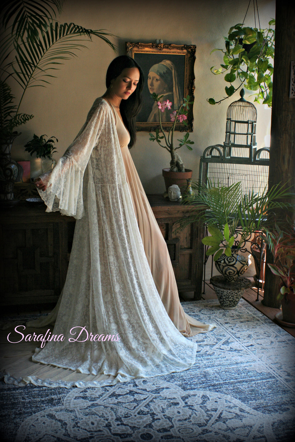 Embroidered Ivory Lace Bridal Robe Art Deco Ruffled Sleeves
