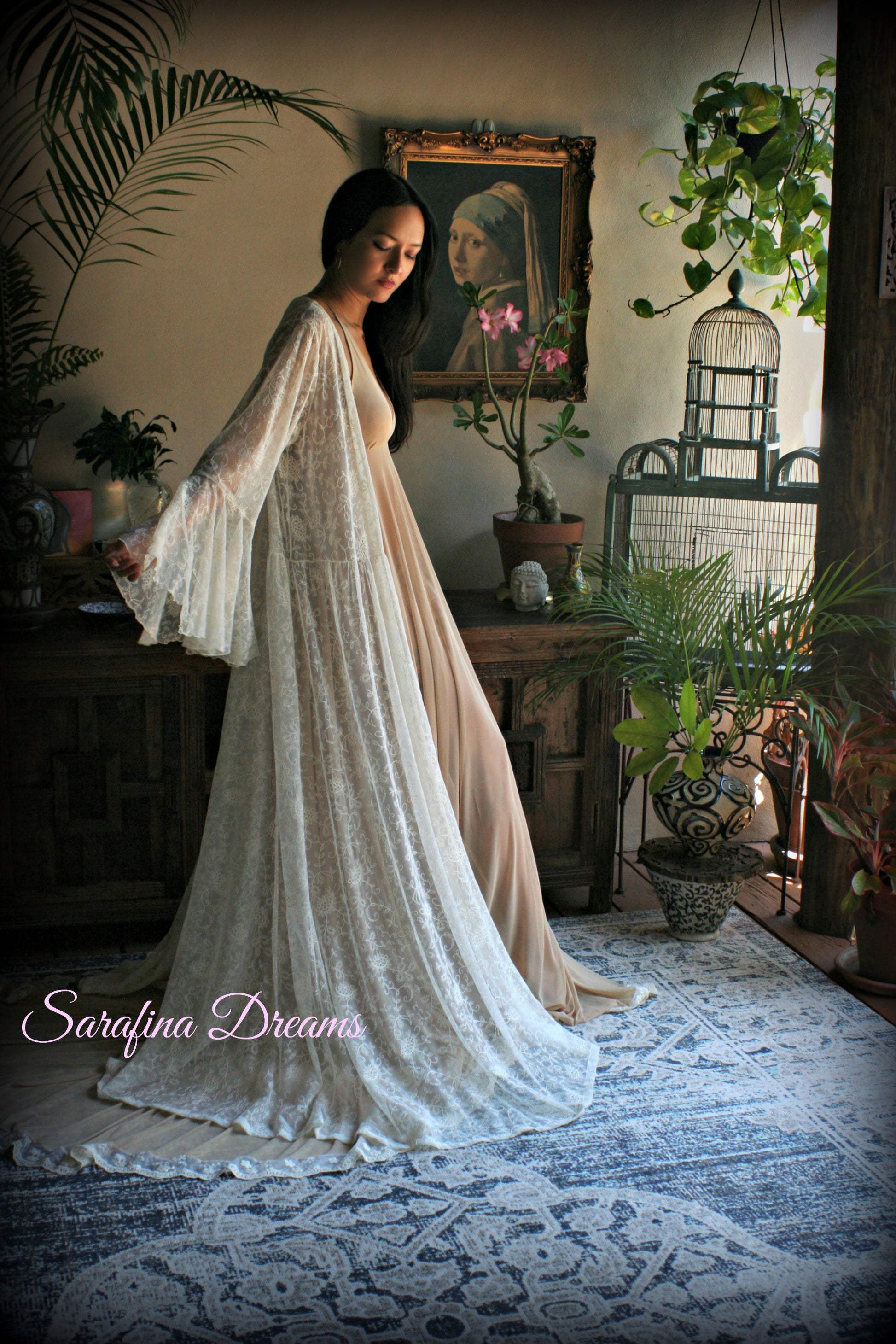 Embroidered Ivory Lace Bridal Robe Art Deco Ruffled Sleeves