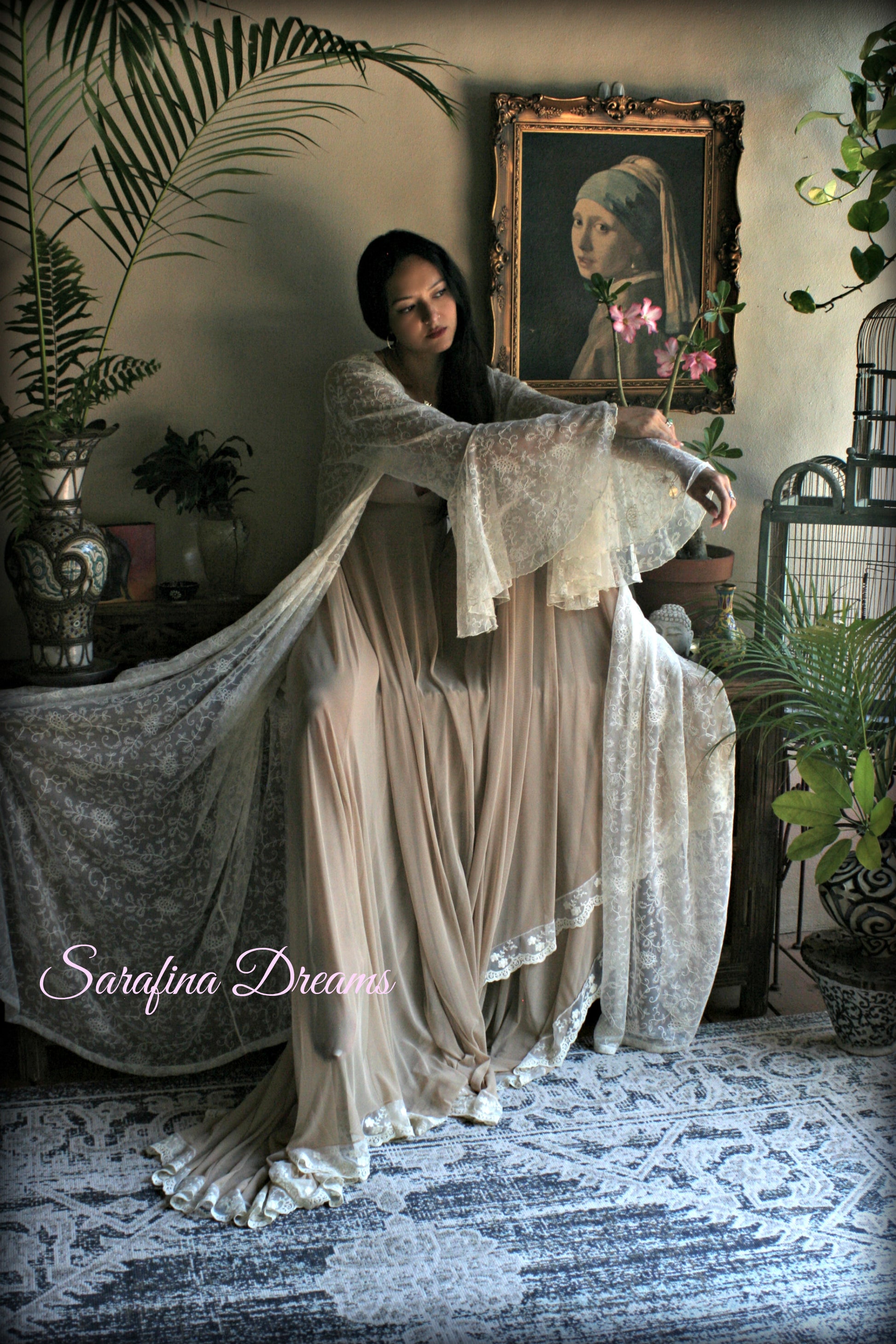 Embroidered Ivory Lace Bridal Robe Art Deco Ruffled Sleeves