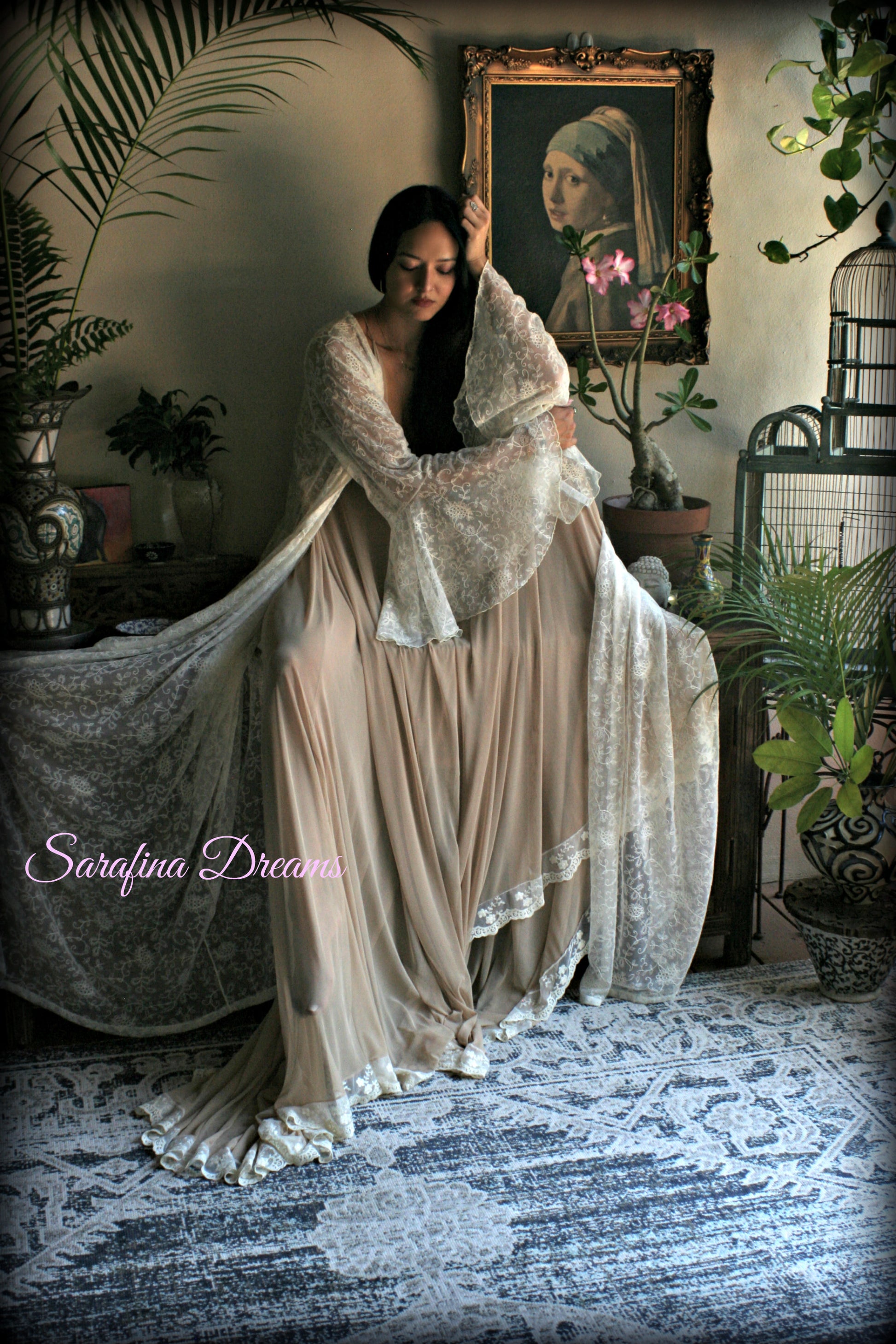 Embroidered Ivory Lace Bridal Robe Art Deco Ruffled Sleeves