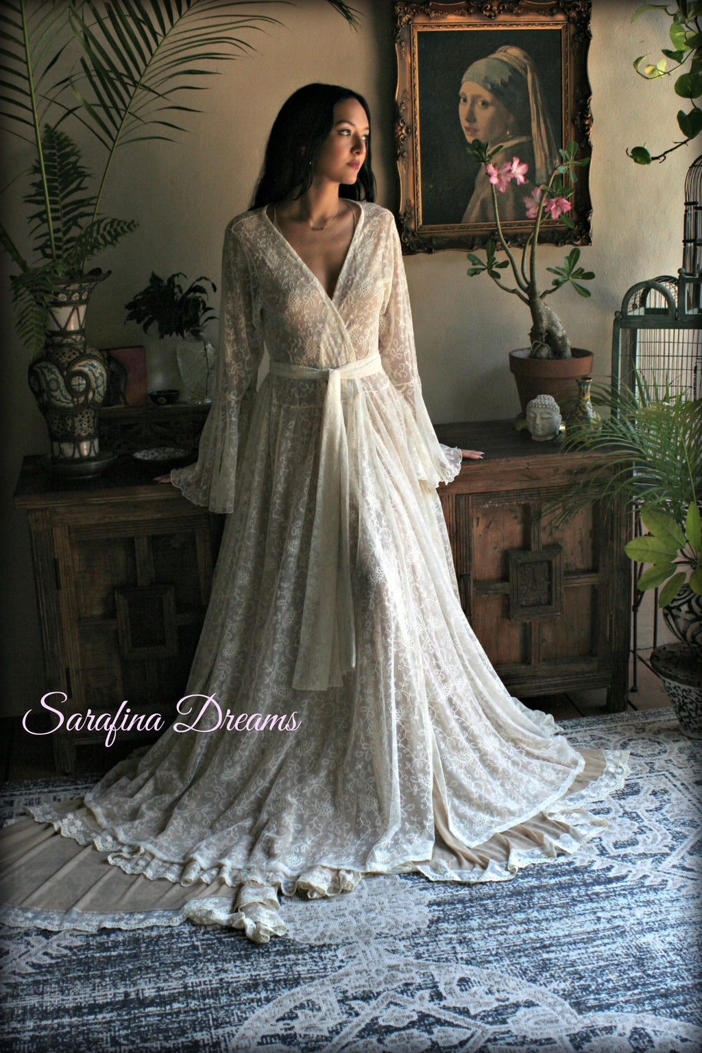 Embroidered Ivory Lace Bridal Robe Art Deco Ruffled Sleeves