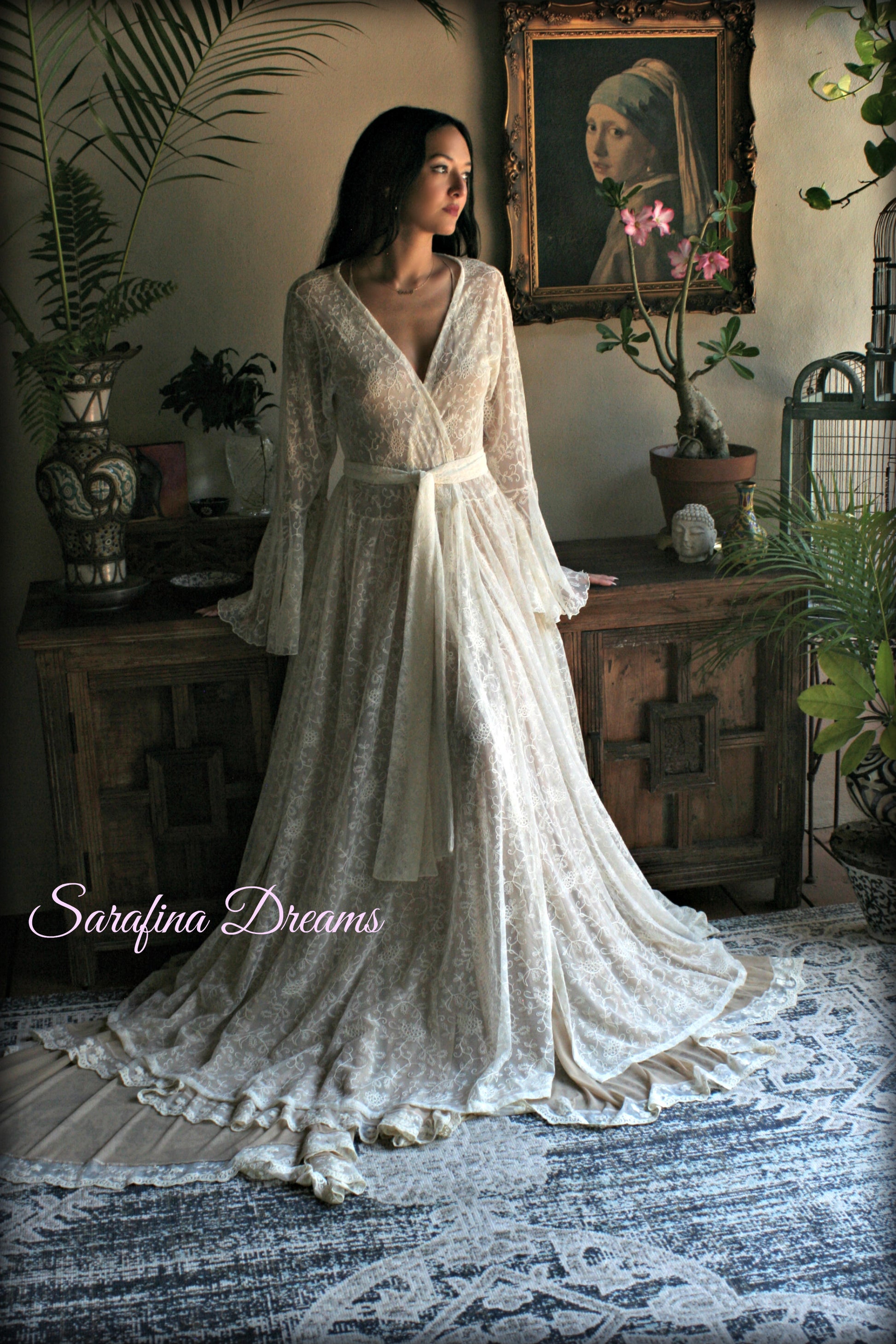 Embroidered Ivory Lace Bridal Robe Art Deco Ruffled Sleeves