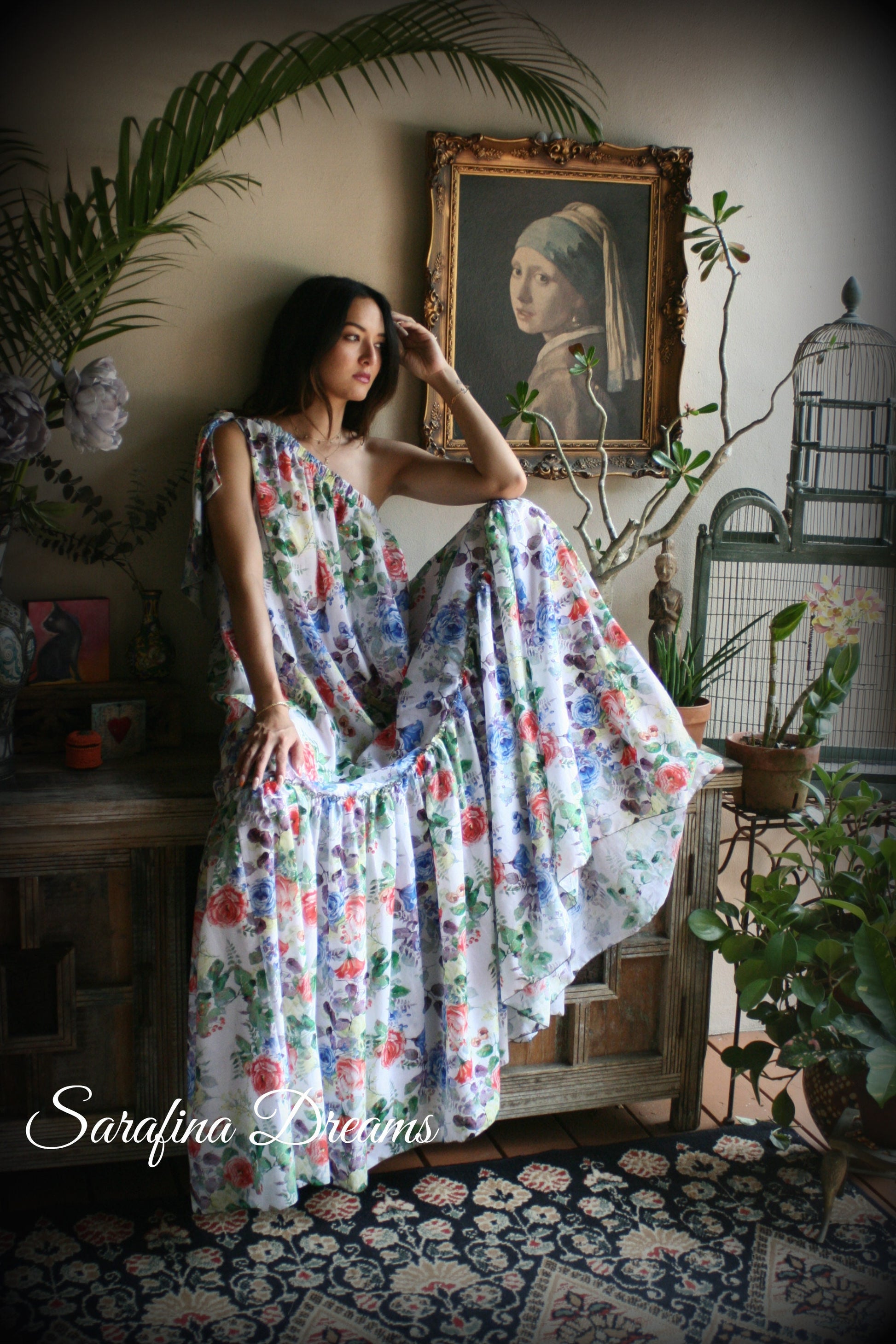 100% Cotton Flower Print One Shoulder Dress Nightgown Sleepwear Honeymoon Cruise Dress Holiday Dress Lingerie