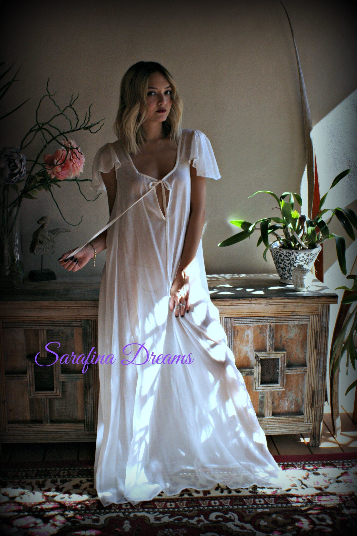 100% Cotton Nightgown Flutter Sleeve Tie Open Bodice  Lingerie Sleepwear White Nightgown Cotton Lingerie Honeymoon Cotton Sleepwear