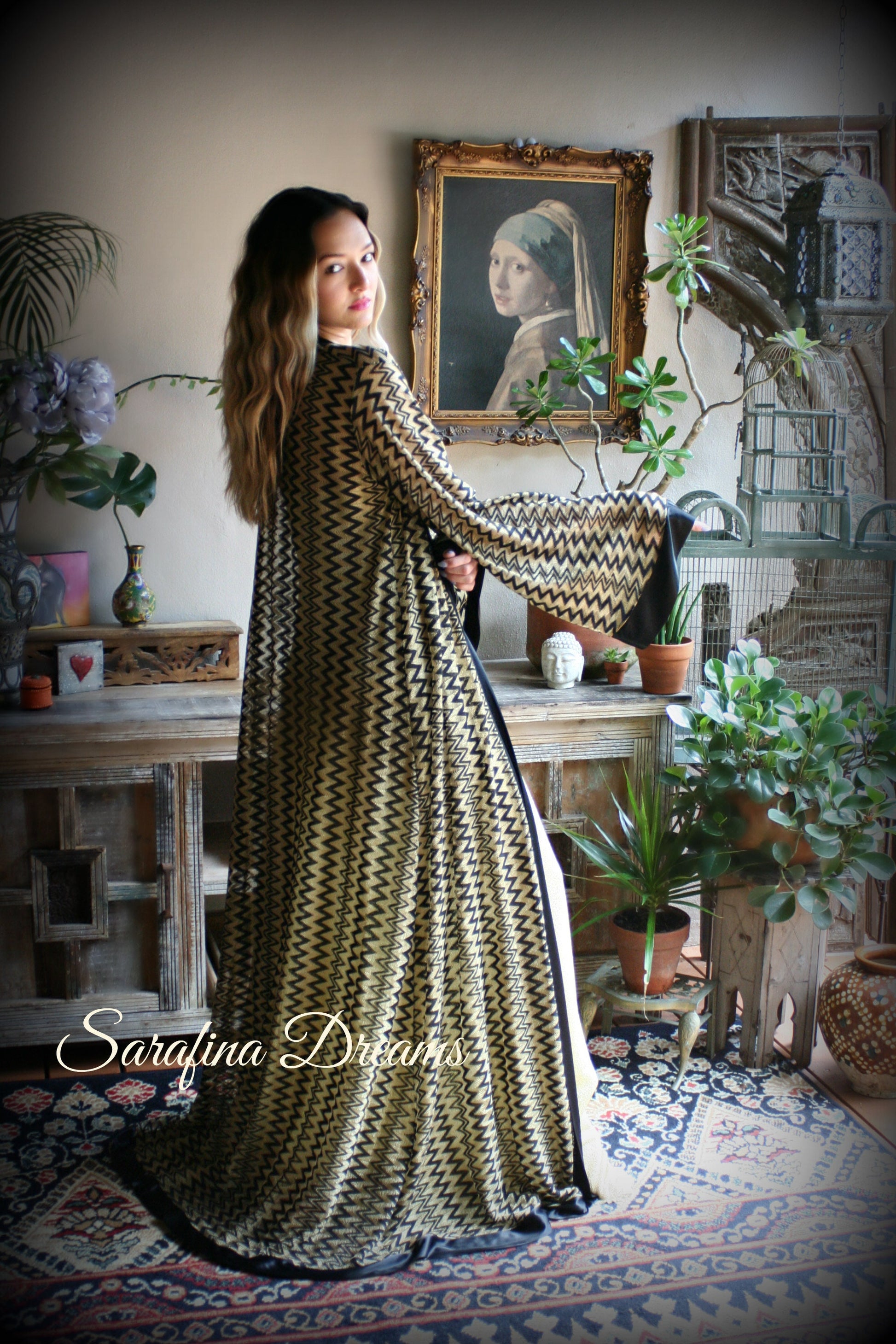 Black Gold Metallic Kimono Robe Black Satin Banded Missoni Style Knit Wrap Lingerie Robe Sleepwear