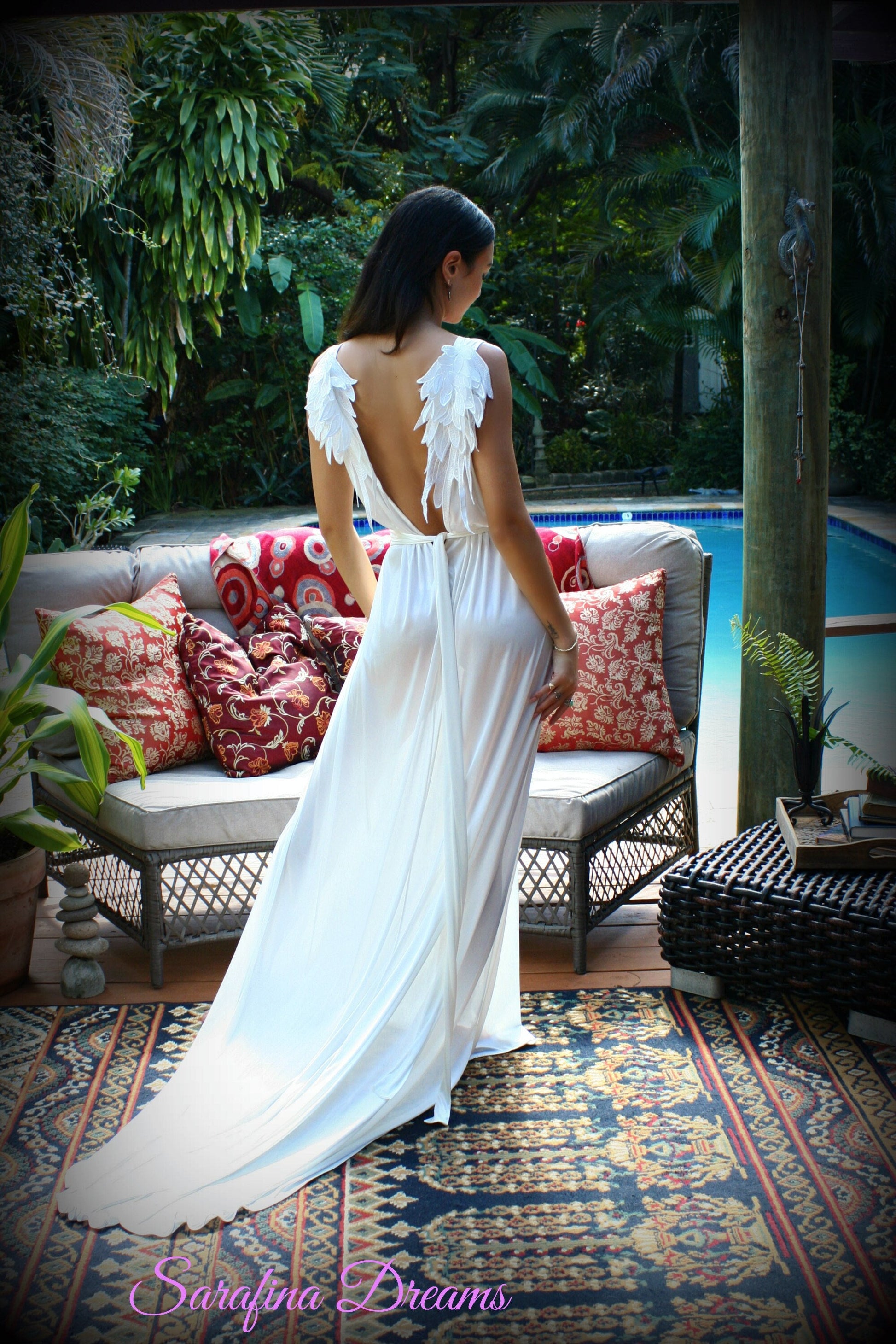White Satin Bridal Nightgown Angel Wings Nightgown Backless Bridal Lingerie Wedding Nightgown Satin Sleepwear