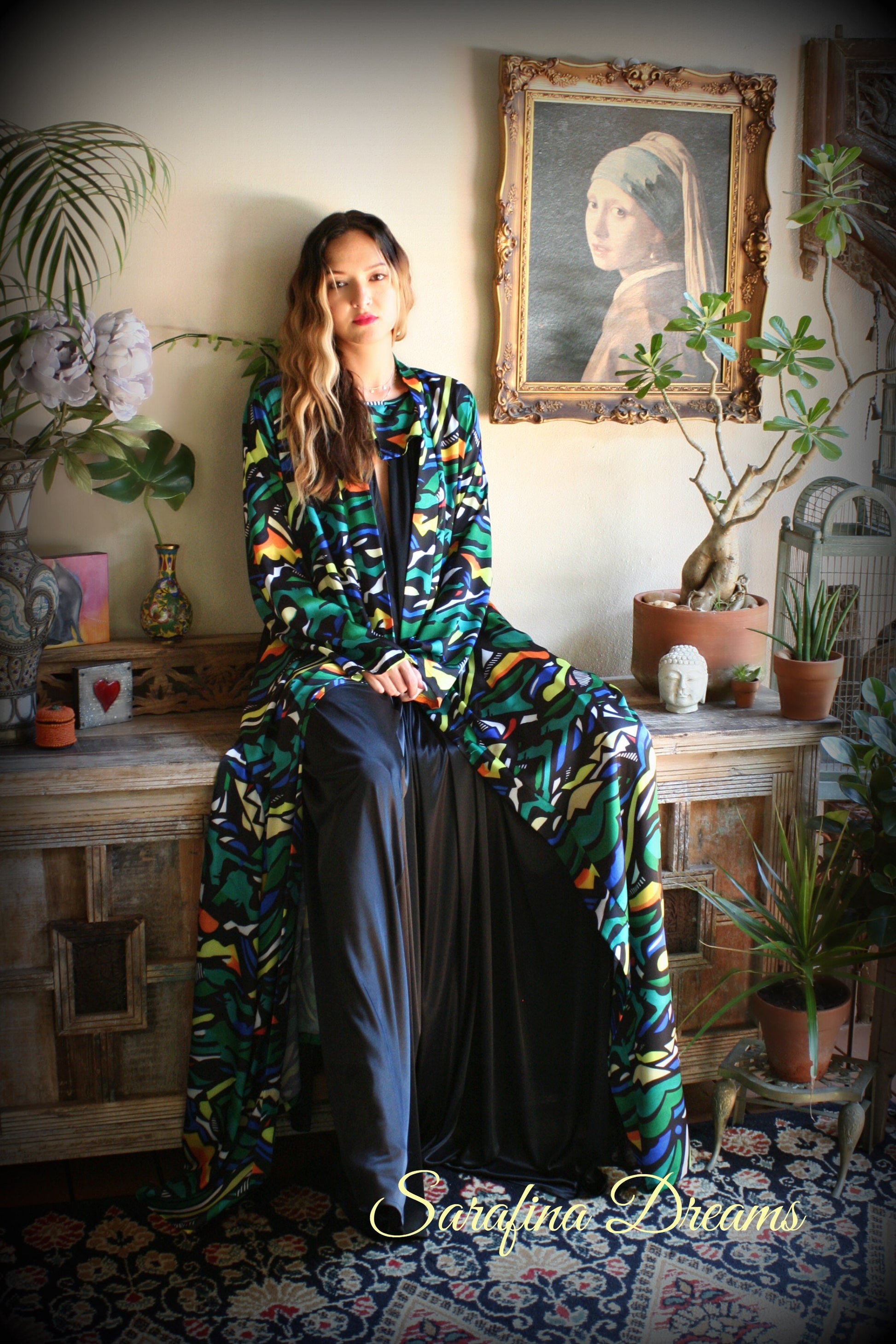 Limited Edition Sha Savage Art Abstract Print Satin Kimono Robe Satin Lingerie Satin Robe abstract Art Sleepwear