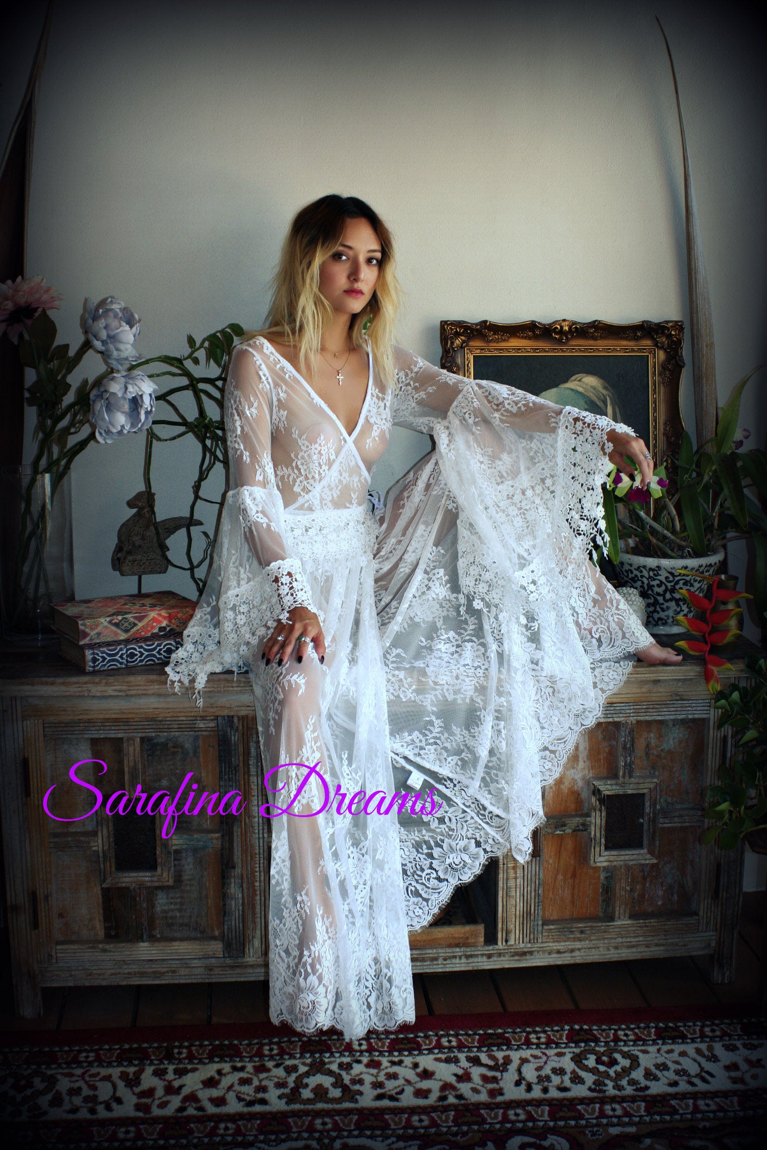 Bridal Lace Backless Robe With Panties Wedding Sleepwear Bridal Lingerie  Off White Lace Lingerie Lace Lingerie Honeymoon Lingerie