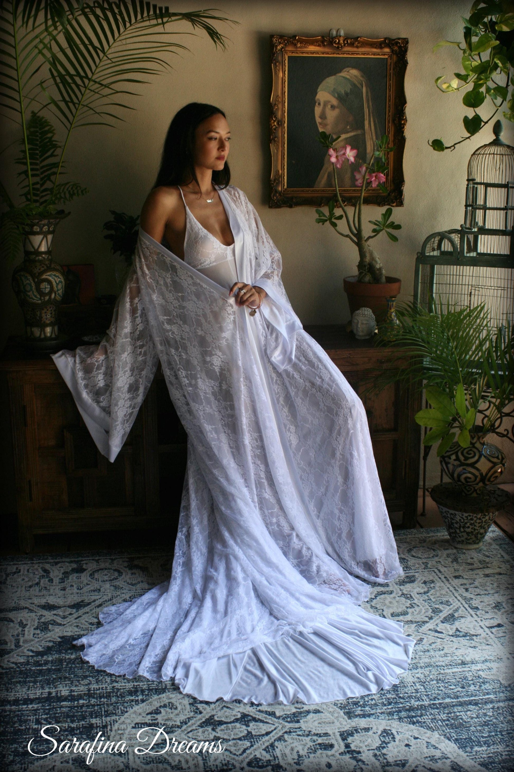 White Lace Bridal Robe Wedding Lingerie Bridal Sleepwear Lace Kimono Bridal Lingerie Lace Lingerie Lace Robe Lace Sleepwear