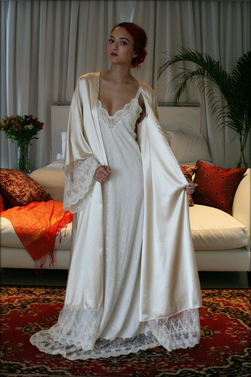 Fiona Champagne Satin Bridal Wedding Robe Bridal Lingerie Wedding Sleepwear Embroidered French Lace Robe Art Deco Luxury Lingerie