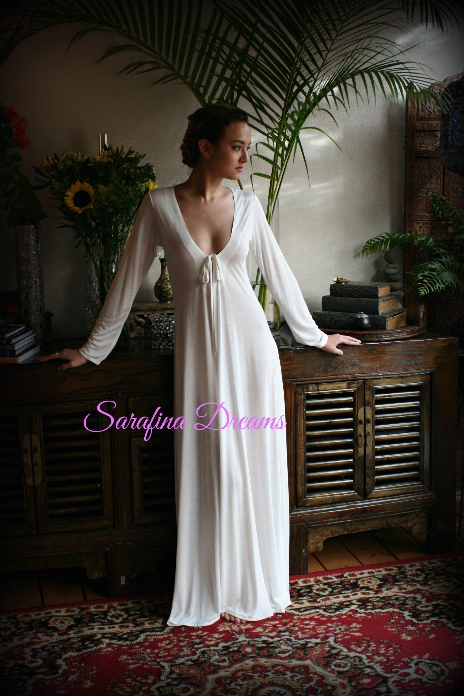 Ivory Silk Knit T Shirt Nightgown Silk Sleep Shirt Lingerie  Sleepwear Bridal Lingerie Wedding Nightgown Long Sleeve Nightgown