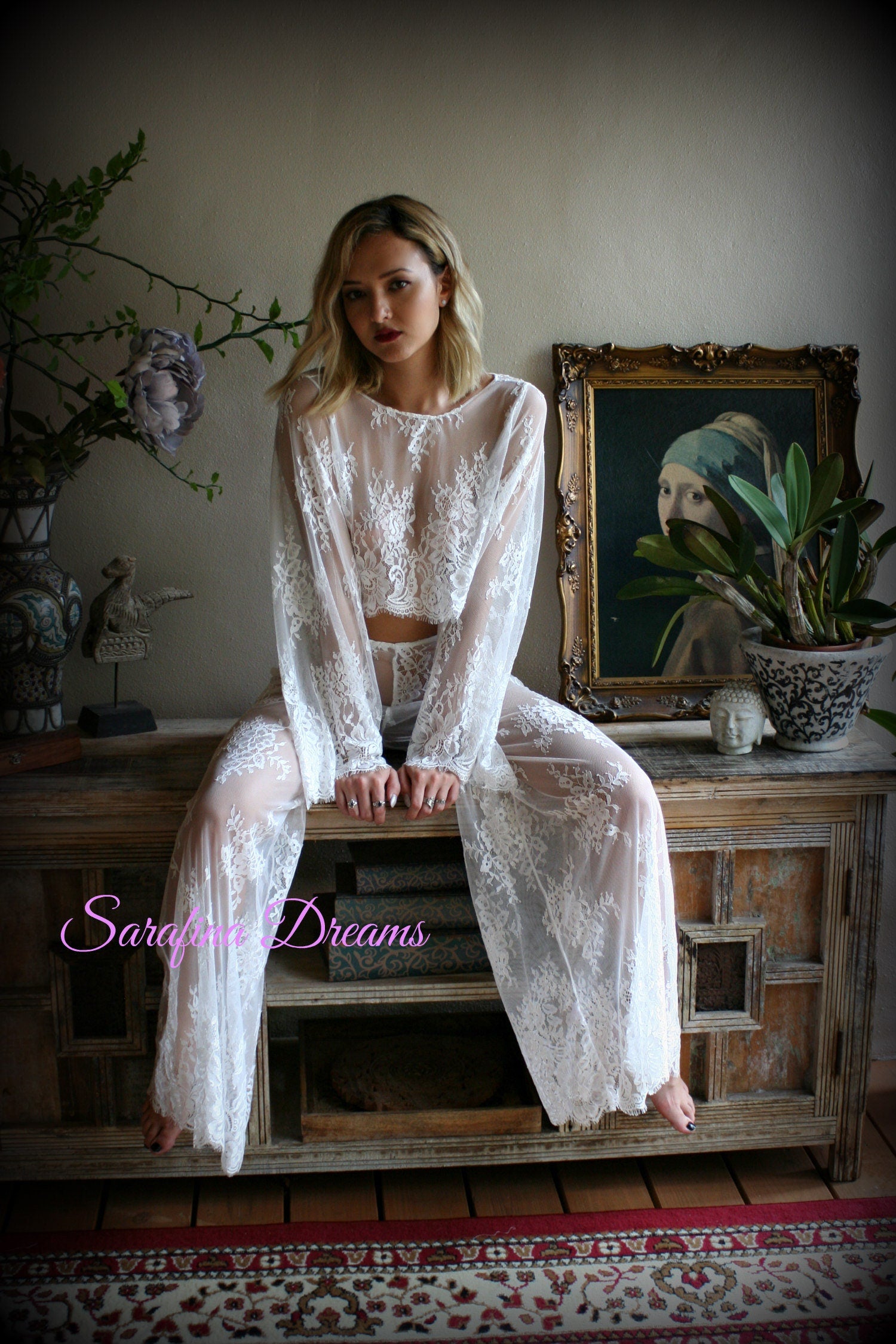 Bridal Lace Cropped Top Pajama Wedding Sleepwear Bridal Lingerie Off White Lace Lingerie Lace Lingerie Honeymoon Lingerie