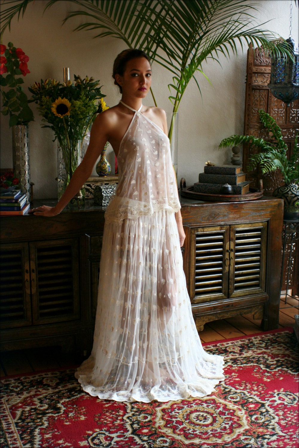 Bridal Embroidered Halter Top and Skirt Set Beach Wedding Lingerie Lace Sleepwear Honeymoon Sleepwear Bridal Lingerie